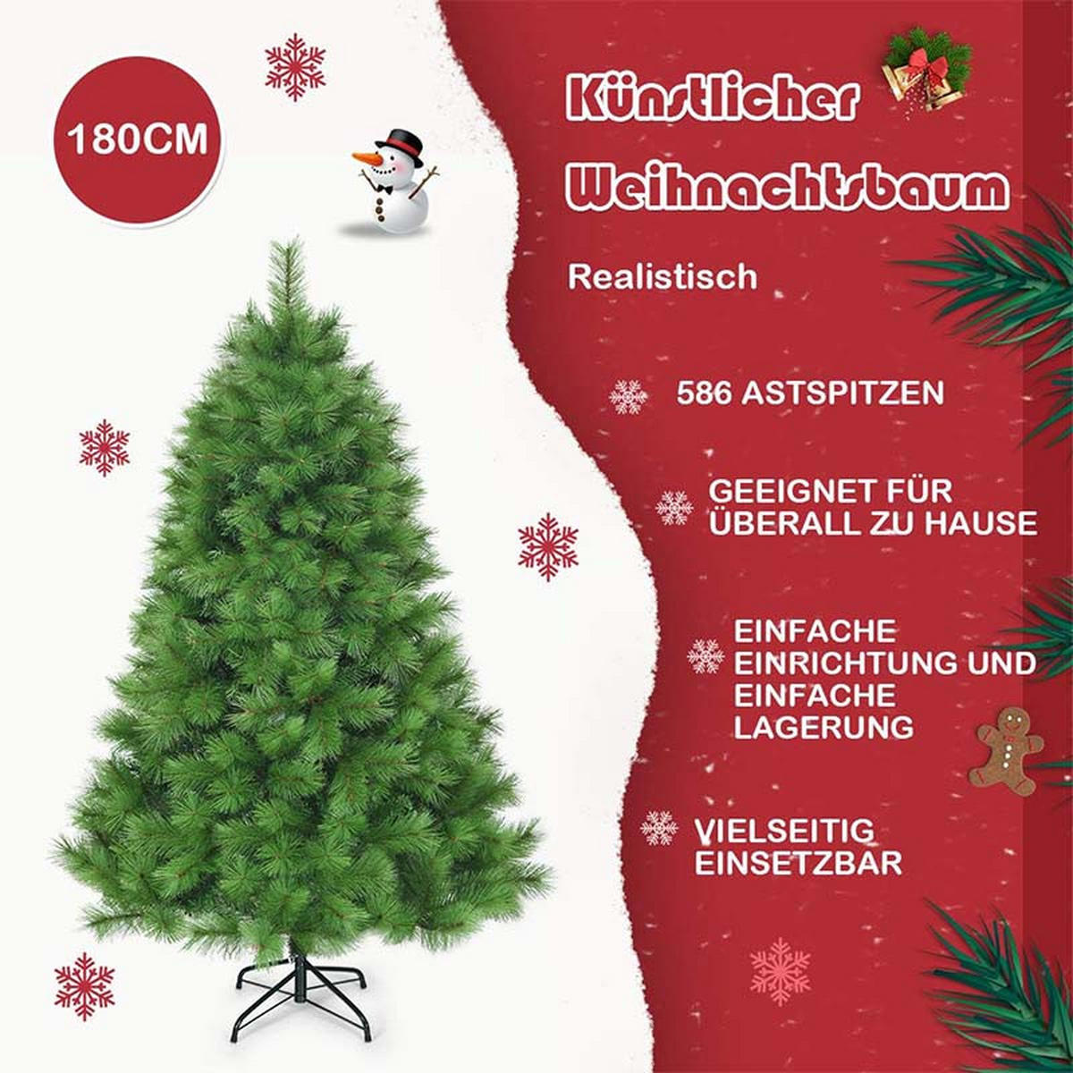 WEIHNACHTSBAUM mit Metallständer 180cm Grün - Grün, Metall (180cm) - COSTWAY