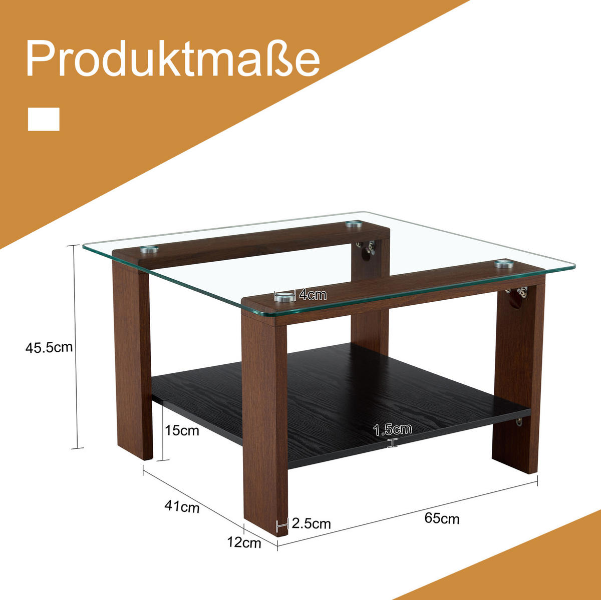 KAVNA mizica 65x41x45,5 cm, oreh dekor, steklo z odlagalnim prostorom - barva oreha, leseni material (75/75/45.5cm) - BEAOK