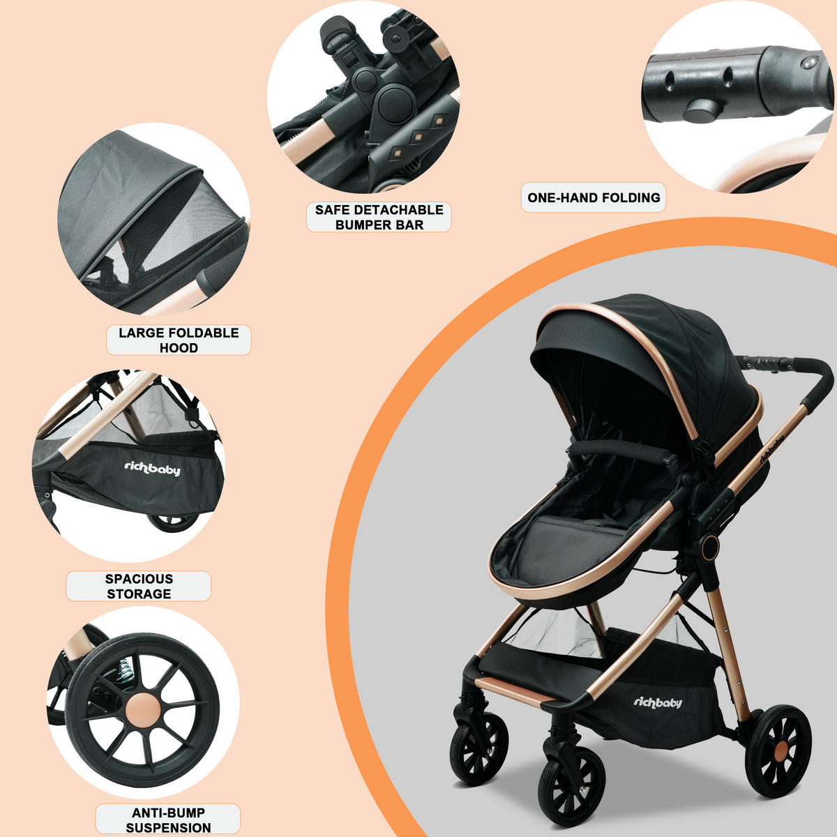 BUGGYS 2-in-1-Kombikinderwagen mit Babywanne 0-36 Monate kompakt faltbar - Schwarz, Metall (80/62/103cm) - Raelunyi