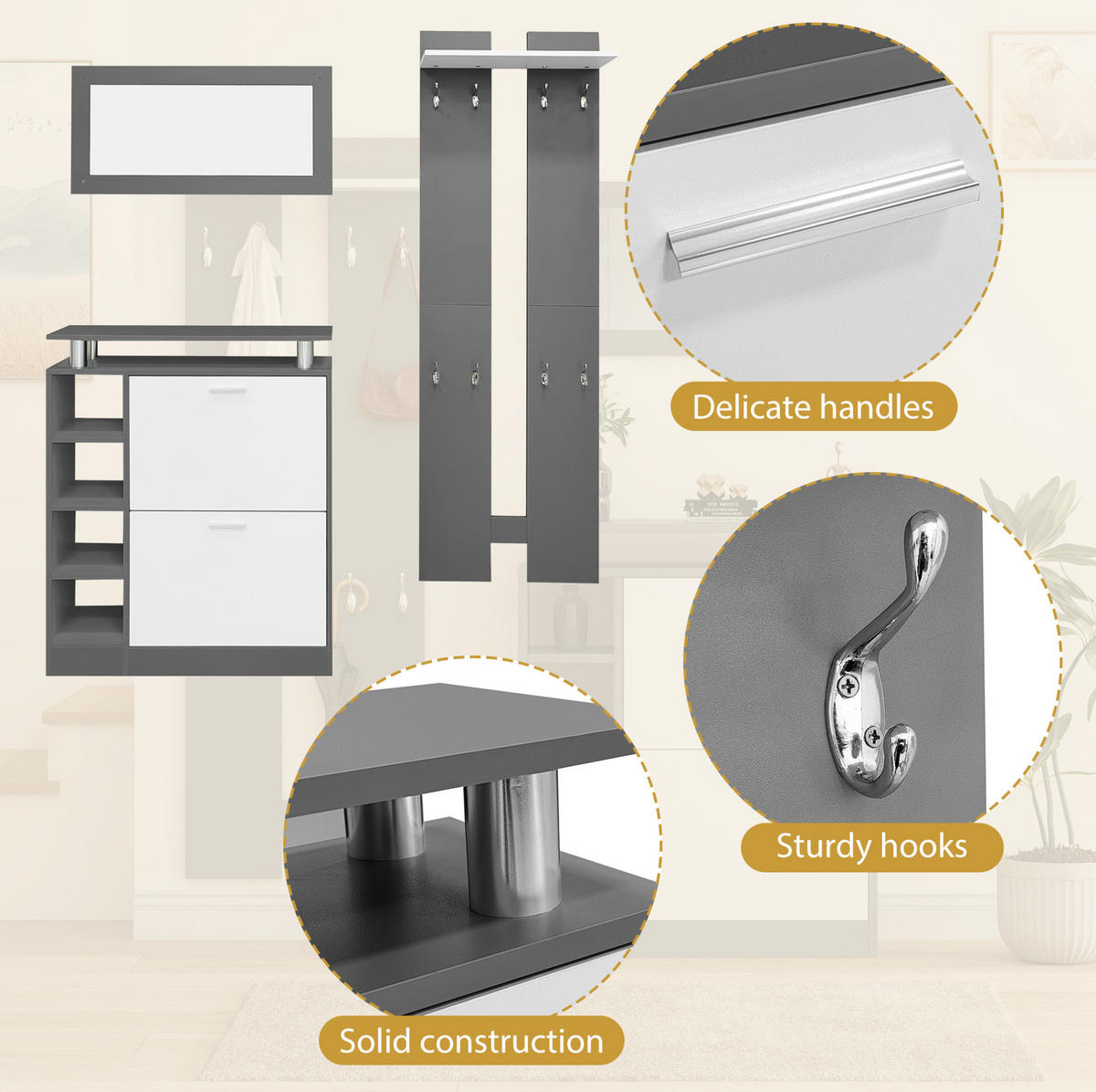 GARDEROBE 80/25/96,5 cm Grau aus Spanplatte mit Spiegel 5er Set - Weiß, Holzwerkstoff (80/96/25cm) - OKMYHOME