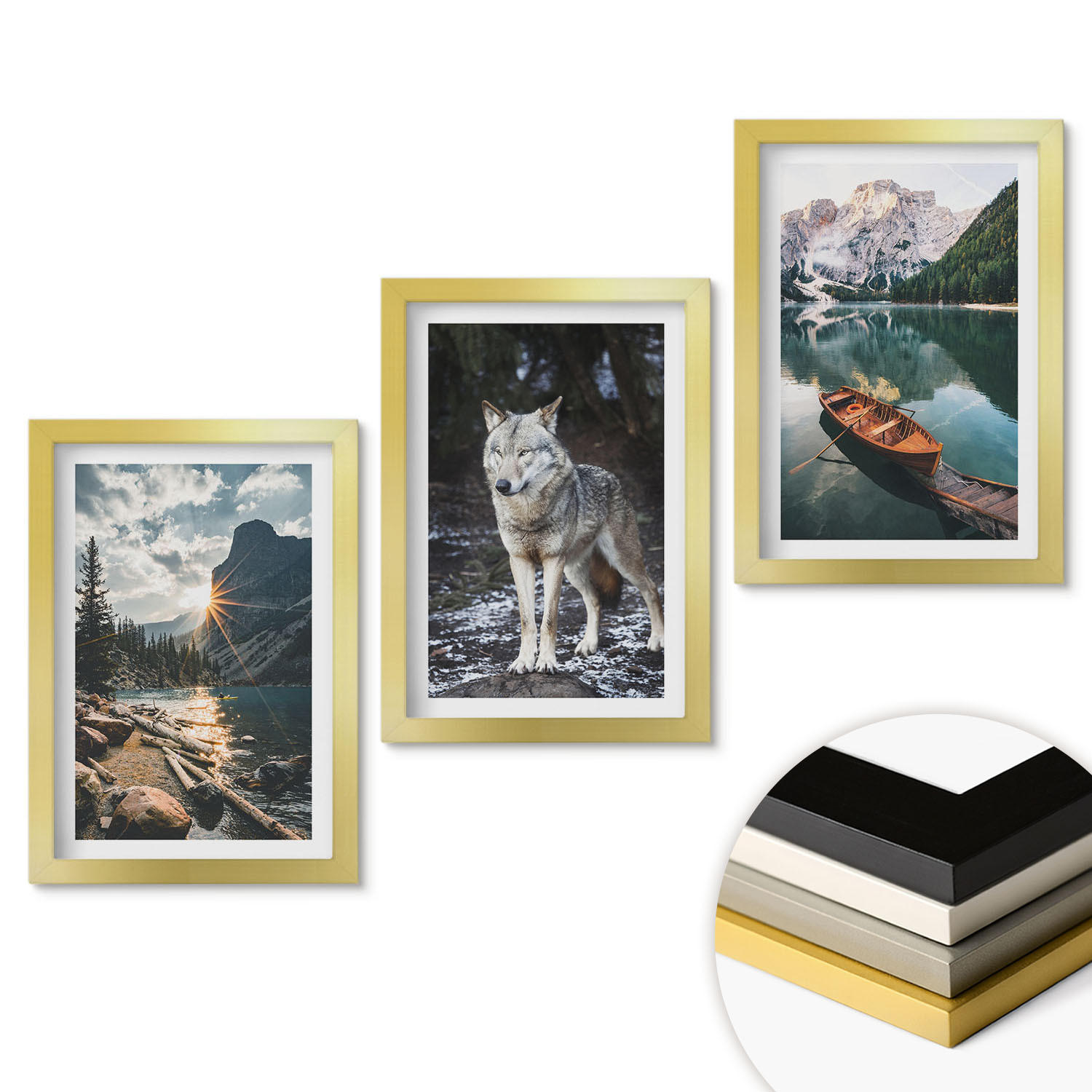 WANDBILDER 3er Set - 20x30 cm Goldrahmen - Berge, Seen, Wölfe, Natur - Goldfarben, Kunststoff (20/30cm) - ArtPrintCave