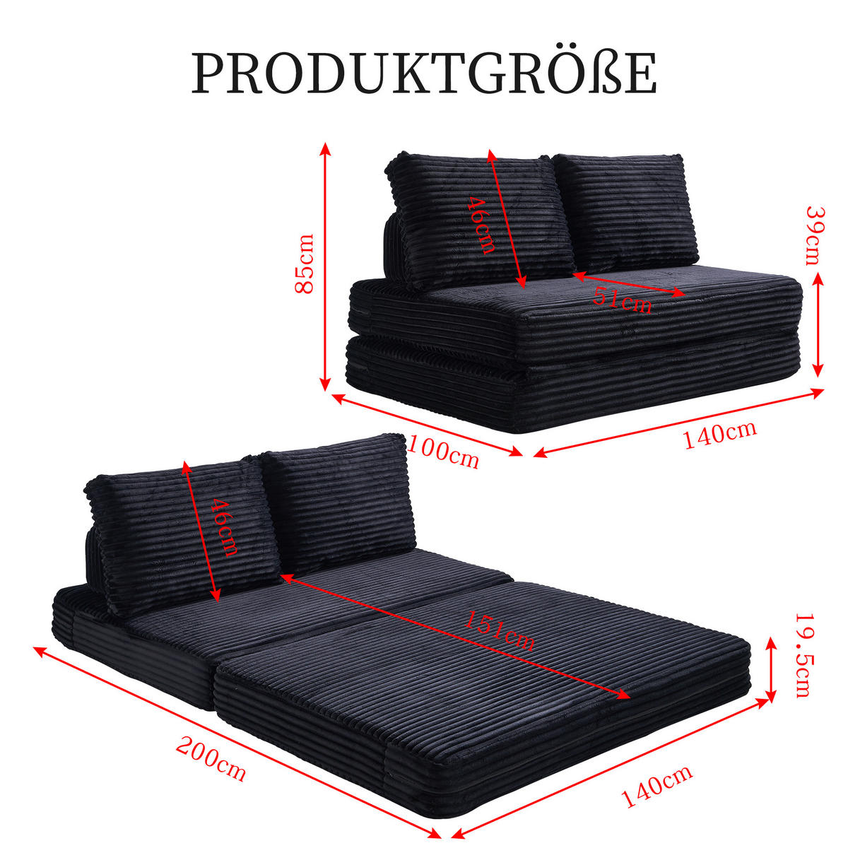 SCHLAFSOFA in Cord Schwarz - Schwarz, Textil (140/85/100cm) - Oxeza