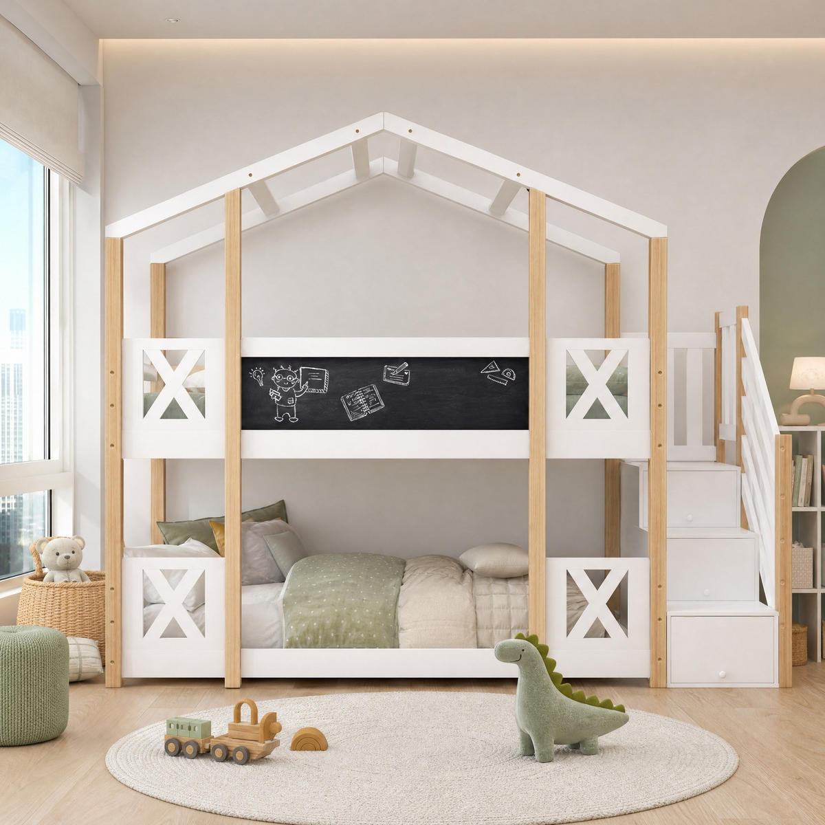 ETAGENBETT 90/200 mit Stauraumtreppe und Rausfallschutz in Natur & Weiß - Schwarz, Holz (90/200cm) - EVRYAE