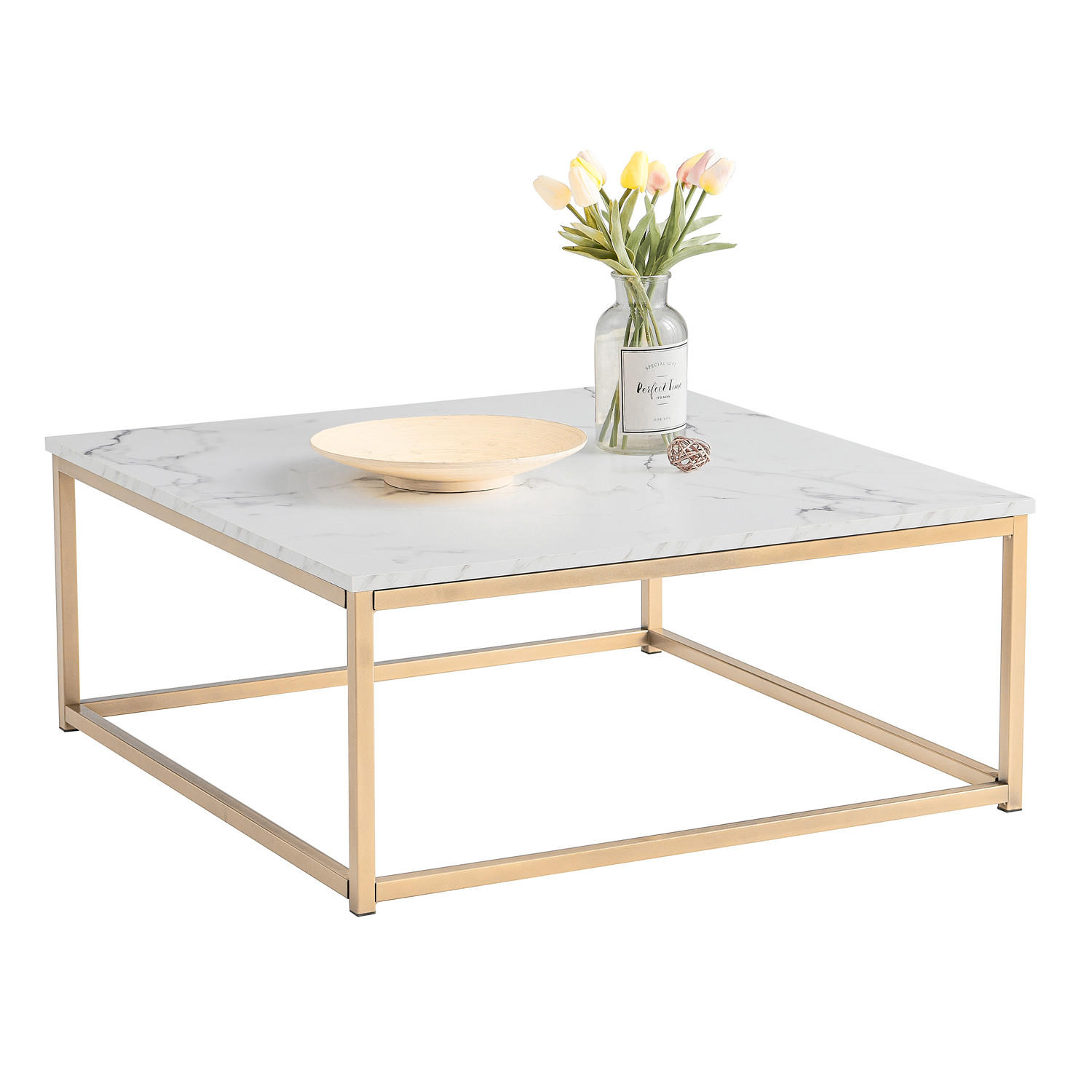COUCHTISCH Marmor-Optik Metallgestell Weiß Gold - Hellgelb/Weiß, Metall (80/80/34cm) - Meubles Cosy