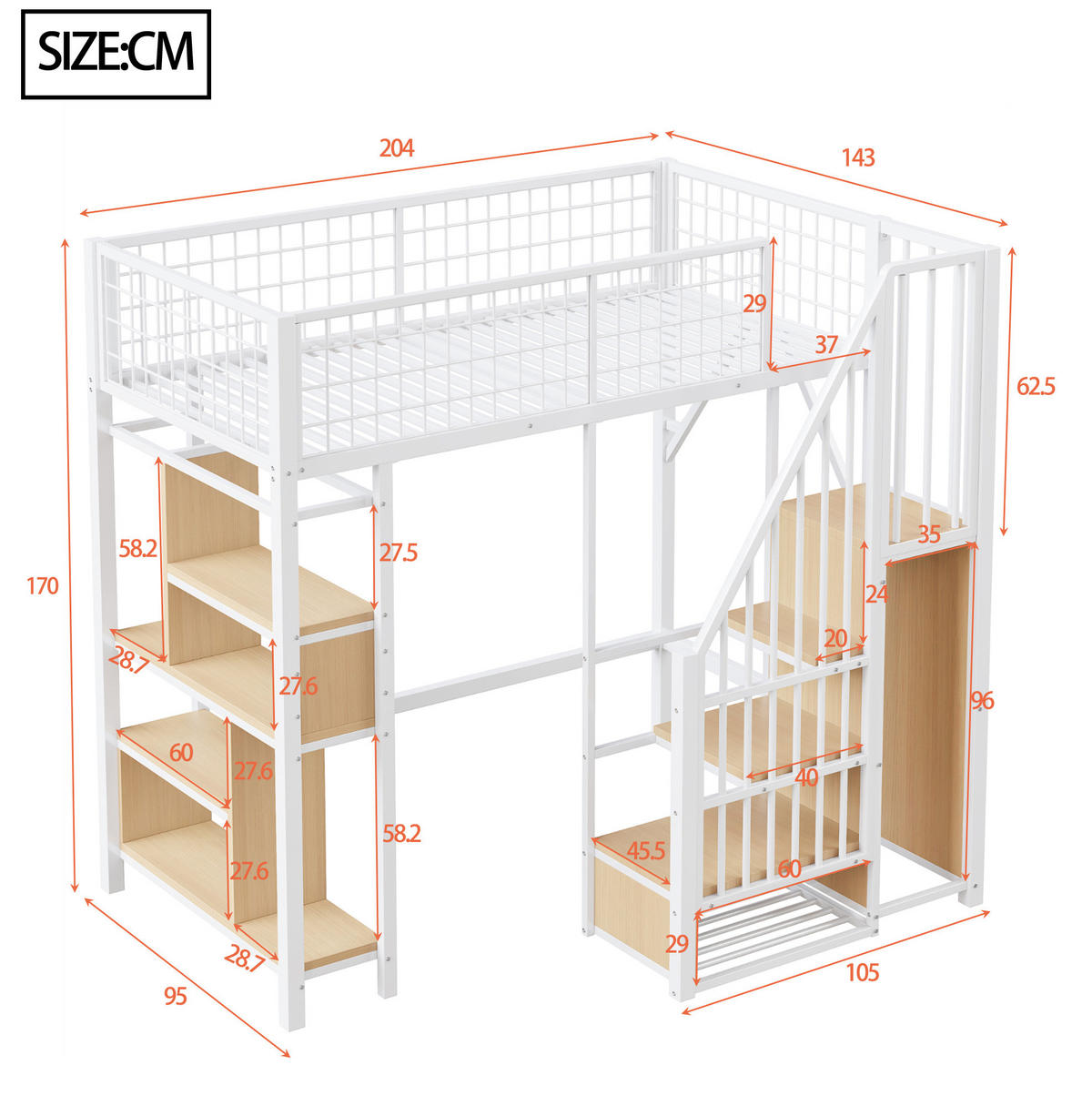 HOCHBETT 90/200 cm in Weiß mit Stauraumtreppe und vielseitigem Unterbettbereich - Weiß, Metall (90/200cm) - Flora Grace