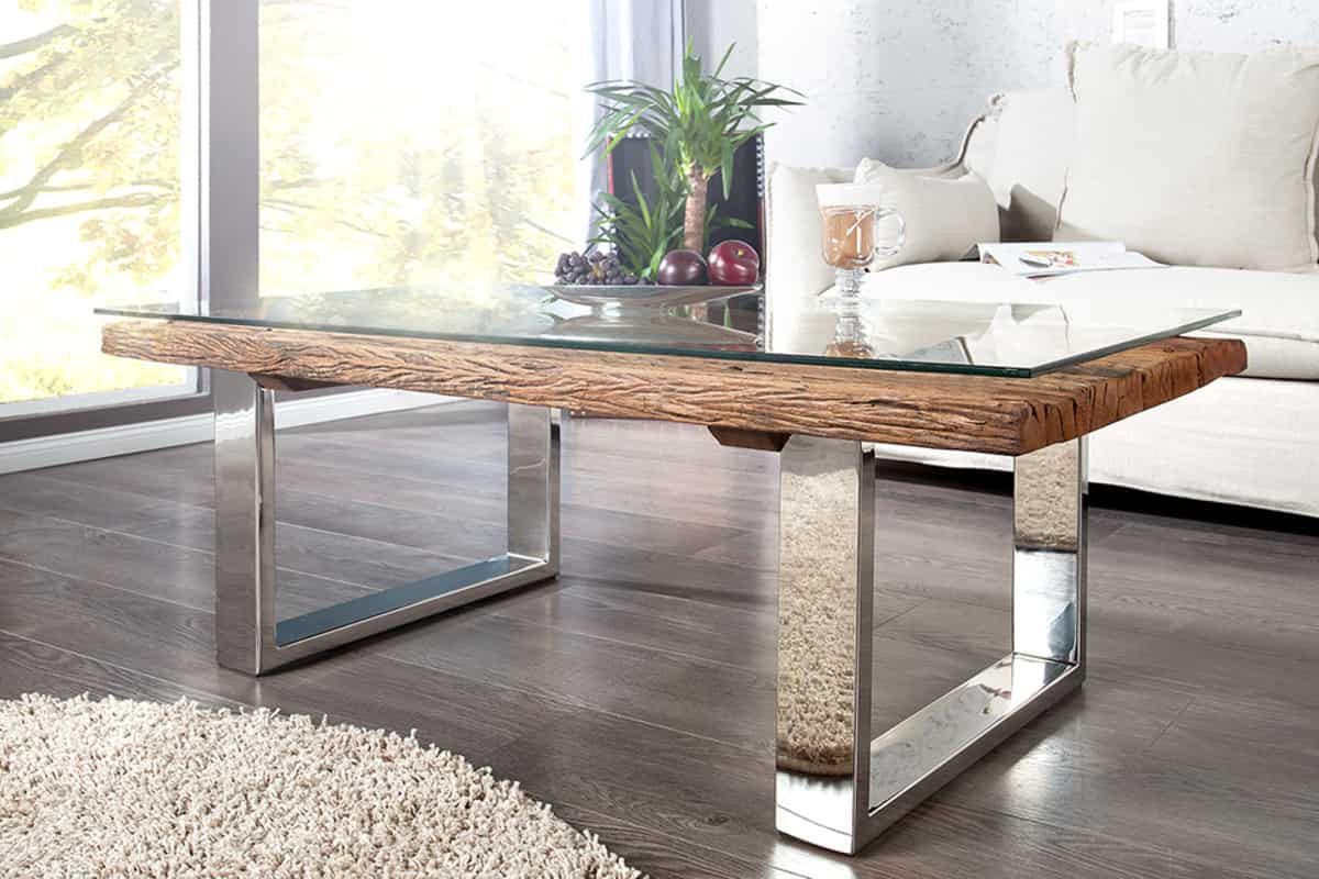 COUCHTISCH BARRACUDA Teakholz kufen Natur|Silber 110cm - Silberfarben/Goldfarben, Glas/Holz (60/110/40cm) - riess-ambiente