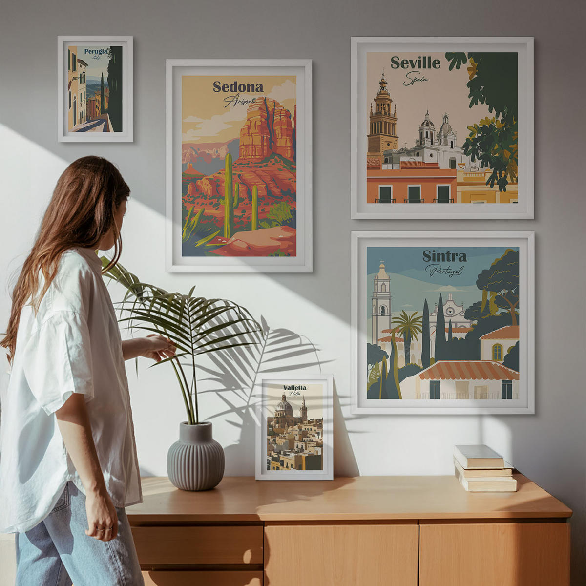 WANDBILDER 5er-Set - 50x50 cm & 20x30 cm & 40x60 cm Weißer Rahmen - Illustrationen von Küstenstädten - Weiß, Kunststoff (40/60cm) - ArtPrintCave