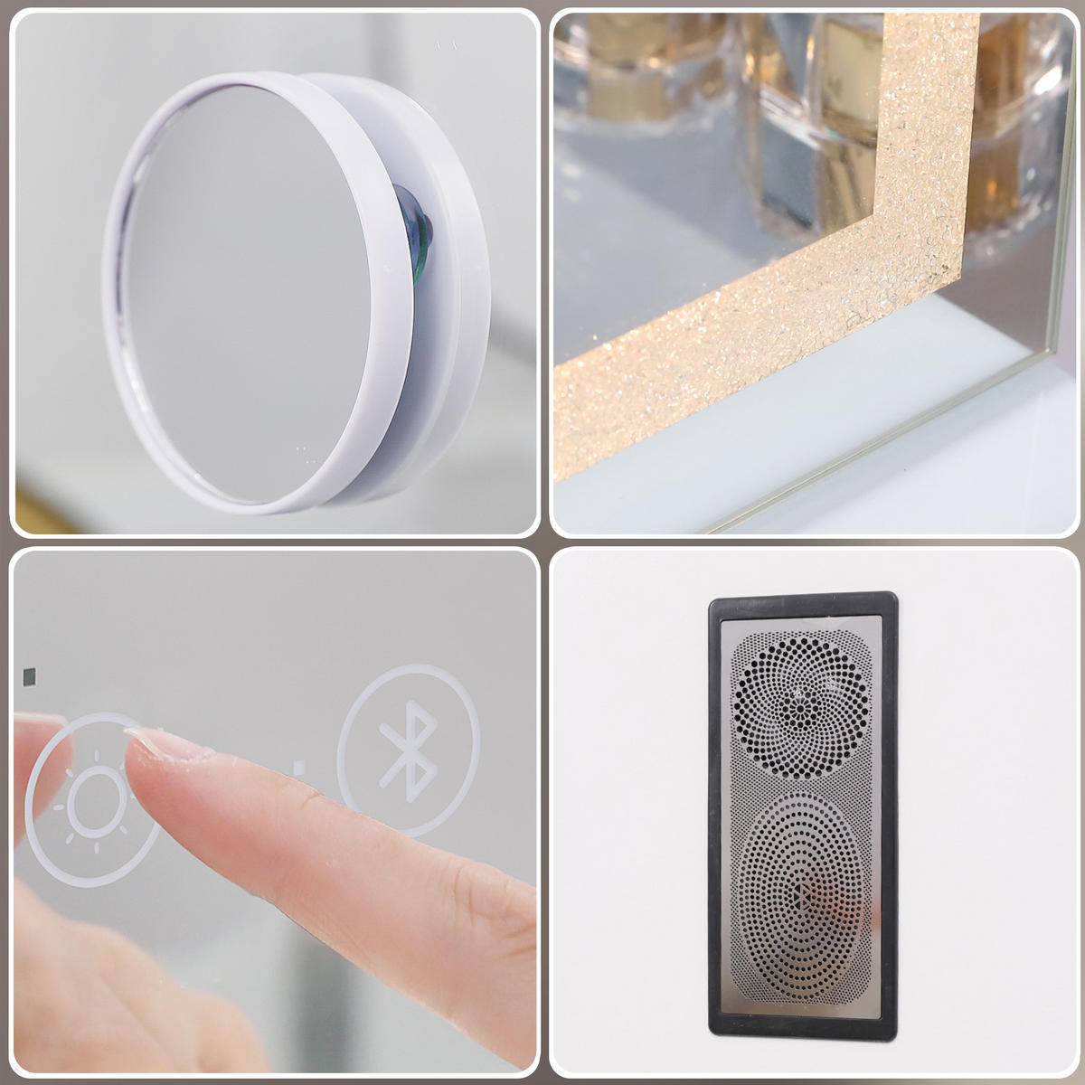 SCHMINKSPIEGEL mit LED Lichtleiste mit Diamant-Effekt und Bluetooth weiß 100/80 cm - Weiß, Metall (108/92/15cm) - VANITII