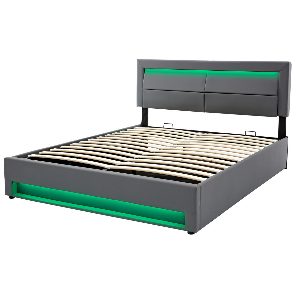 POLSTERBETT aus PU 160x200 cm Grau mit LED-Beleuchtung, USB-Anschlüssen und Stauraum - Grau, Kunststoff (160/200cm) - IVMEU