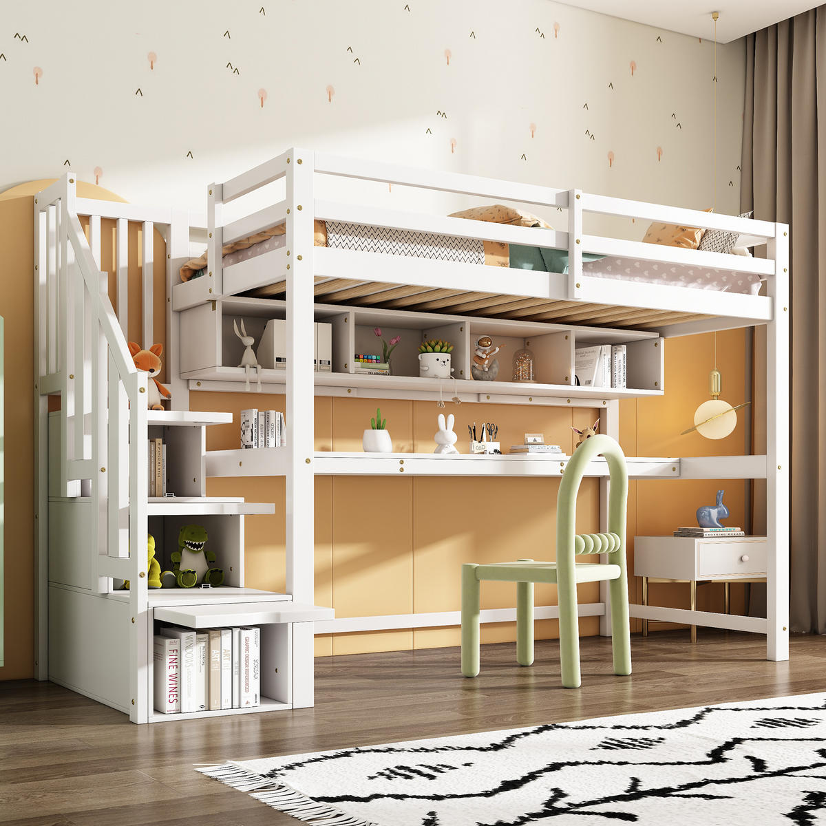 KINDERHOCHBETT 90x200cm Weiß Stauraumtreppe Schreibtisch Regale - Weiß, Holzwerkstoff (90/200cm) - FLIEKS