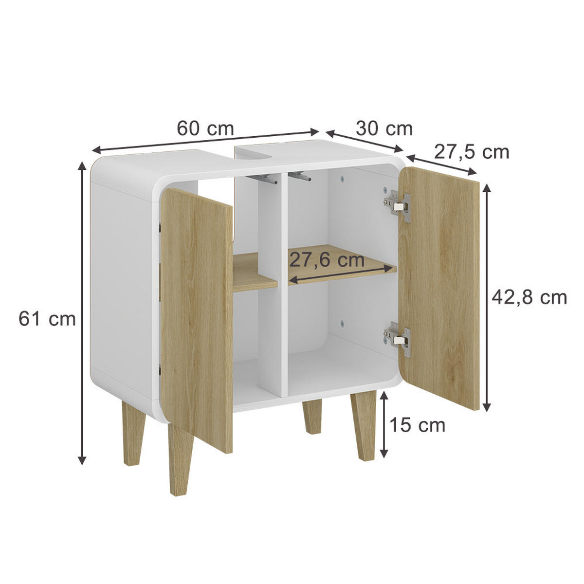 WASCHBECKENUNTERSCHRANK Arla Weiß/Eiche 60 x 61 cm - Eichefarben/Weiß, Holzwerkstoff (60/61/30cm) - Vicco