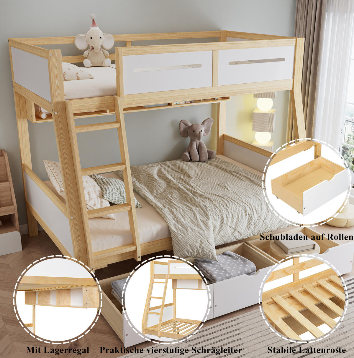 KINDERETAGENBETT aus Kiefer, MDF und Sperrholz 90x200/120x200 cm Weiß/Natur mit Schubladen - Weiß, Holzwerkstoff (90/200cm) - IVMEU