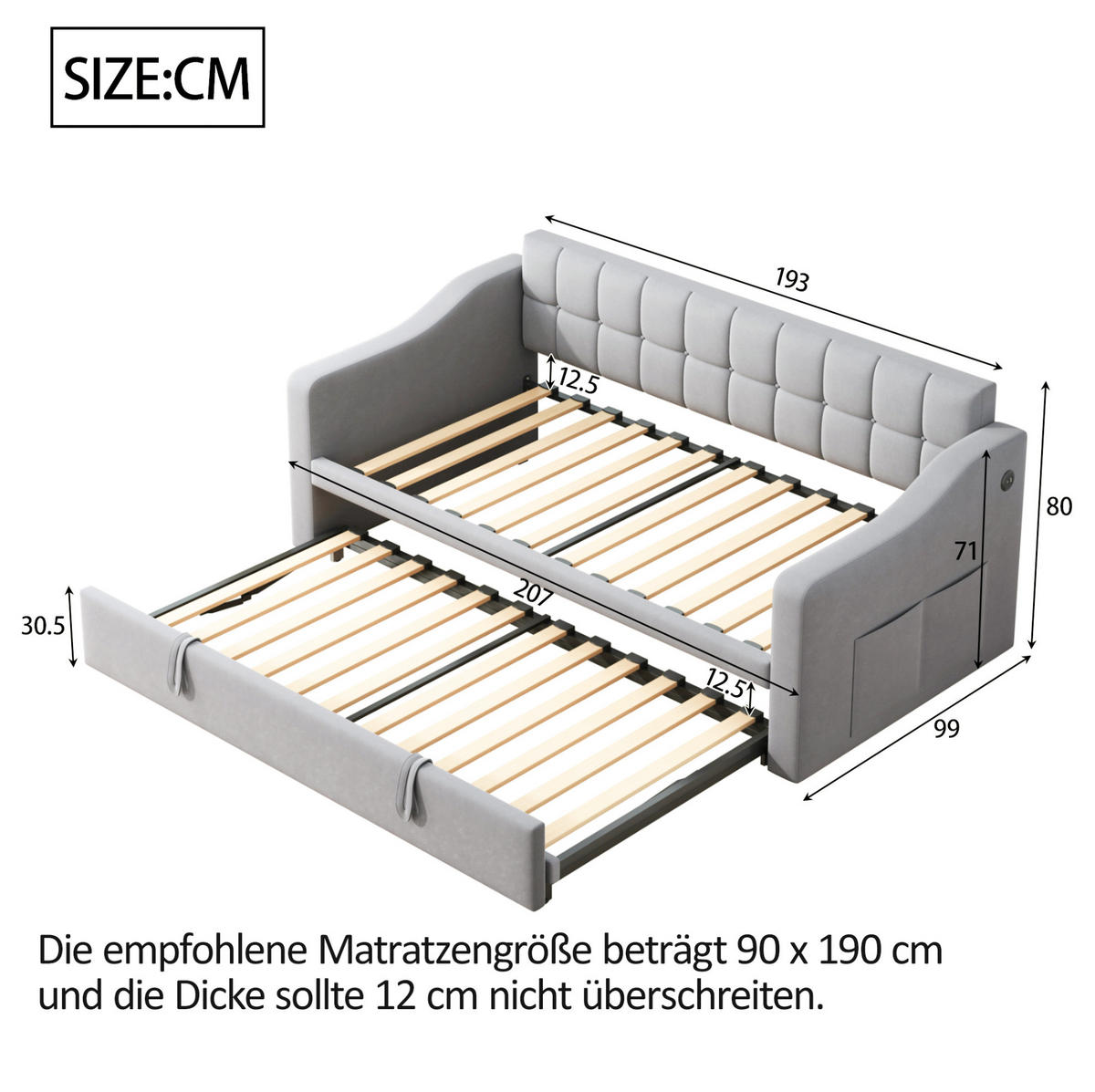 POLSTERBETT 90/190 cm aus Samt mit Ausziehfunktion und USB-Ladeports Hellgrau - Hellgrau, Textil (90/190cm) - Modenvie