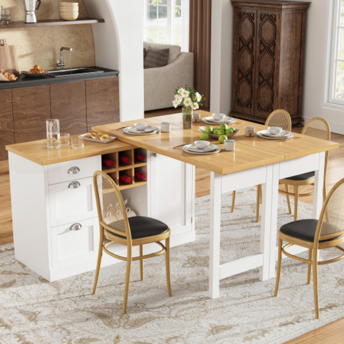 KÜCHENINSEL 120-197×40×74 cm aus MDF mit 360° drehbaren Tischpaneelen, Weinregal und vielfältigem Stauraum, weiß - Weiß, Holzwerkstoff (197/74/40cm) - Luhomfu