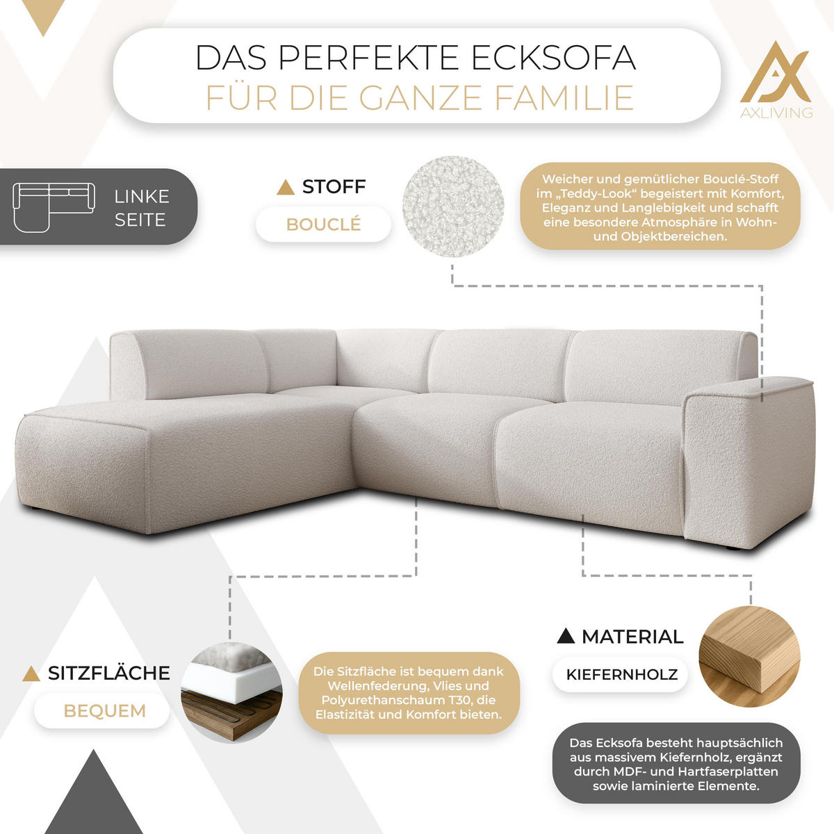 ECKSOFA L Form Didim Weiß 292/220/78 cm – großes Sofa stilvoll & bequem L - Schwarz/Weiß, Kunststoff/Textil (220/292cm) - AX Living