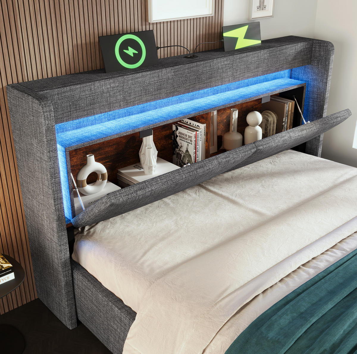 POLSTERBETT 180/200 cm Grau aus Leinen mit LED und Stauraum - Grau, Textil (180/200cm) - OKMYHOME