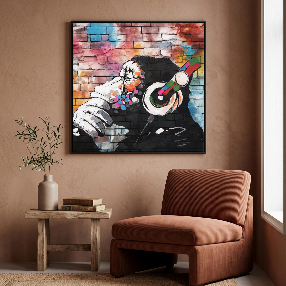 LEINWAND Bilder mit Rahmen - Affe - Graffiti - Musik - 90x90 - Multicolor, Textil (90/90cm) - MuchoWow