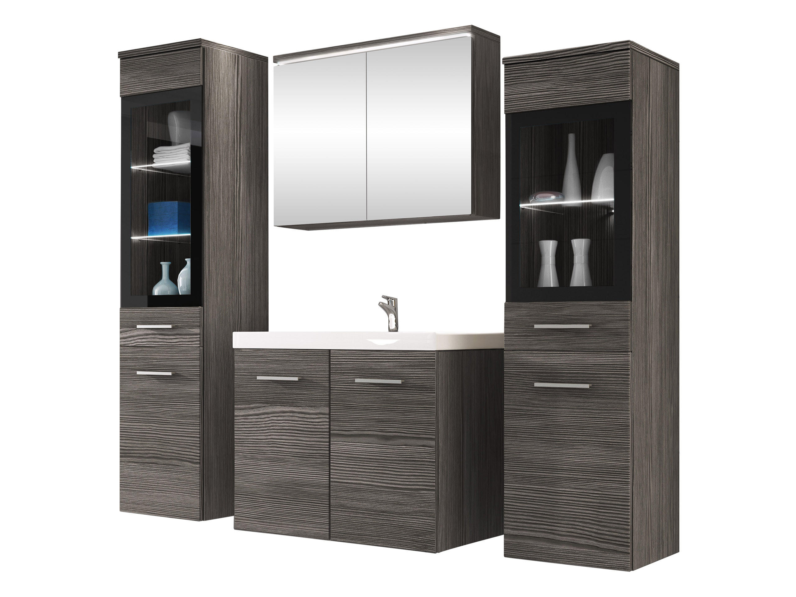 BADMÖBEL-SET Madrit II mit weißer LED Beleuchtung - Greige/Silberfarben, Holzwerkstoff/Kunststoff (132/132/30cm) - MIRJAN24