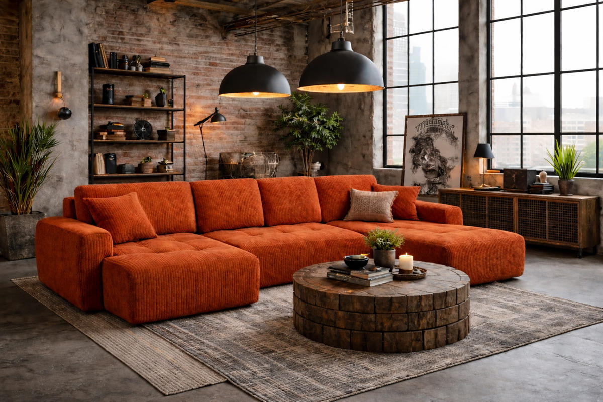 ECKSOFA Mit Schlaffunktion Und Bettkasten U-Form Ivo U, Cordstoff Poso, Kupfer - Orange, Holz (342/142cm) - Kaiser Möbel