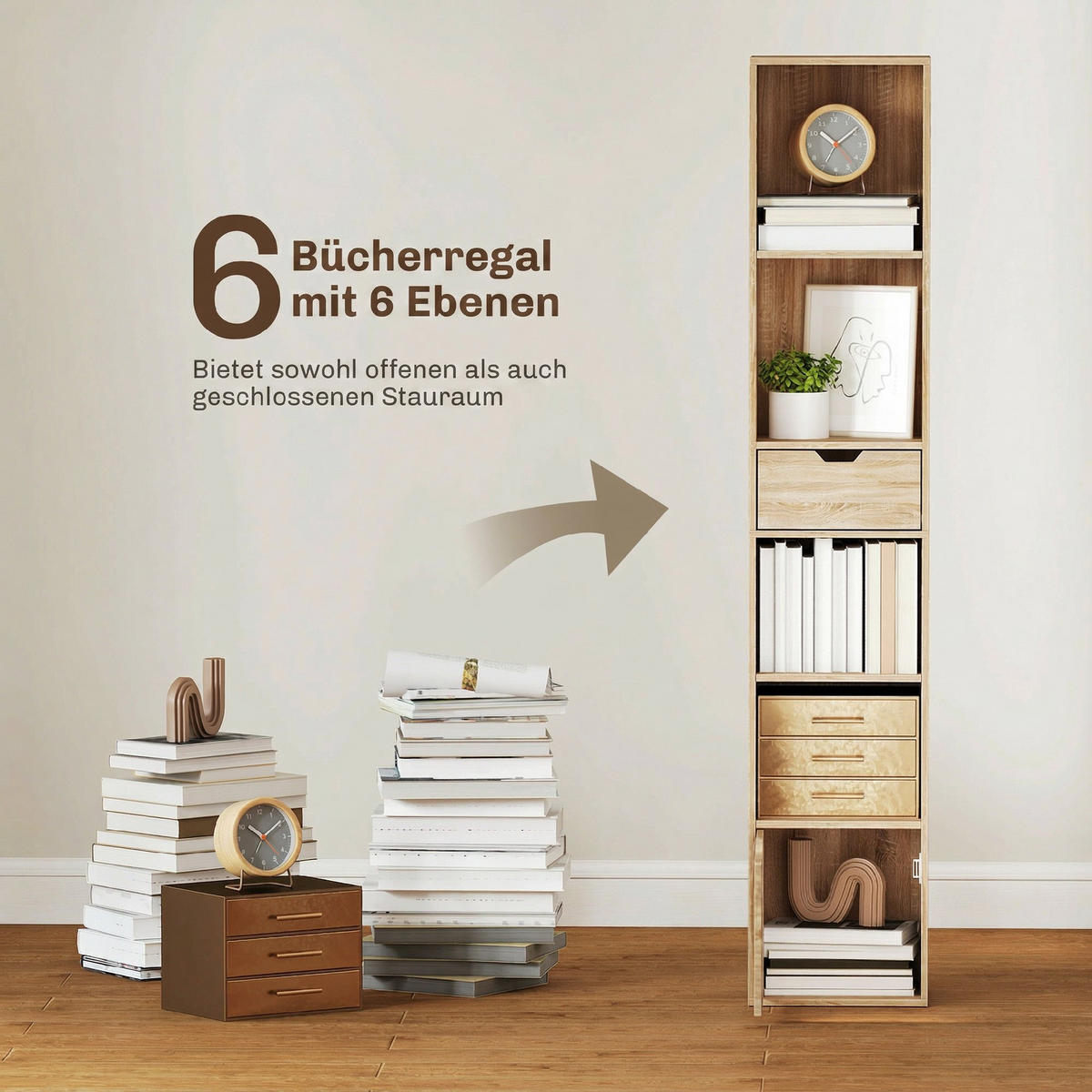 REGAL DE-15577 30/24/158 cm, mit Schublade & Schrankfach Naturholz - Naturfarben, Holzwerkstoff (30/158/24cm) - ComfortXL
