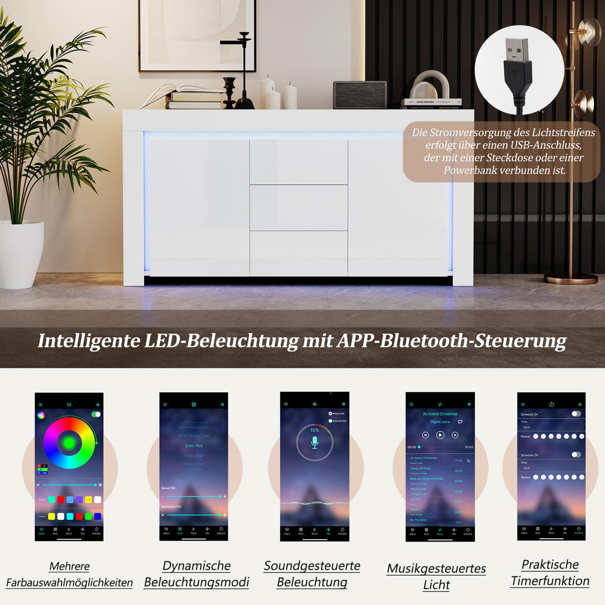 SIDEBOARD 140 cm 2 Türen, 3 Schubladen, LED-Beleuchtung, Hochglanz, Weiß & Schwarz Verstellbare Einlegeböden - Weiß Hochglanz, Holzwerkstoff (140/65/40cm) - Urban Meuble