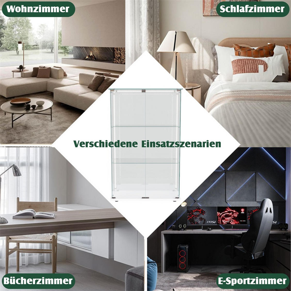 VITRINE - Glasvitrine mit 2 Türen und 3 Ebenen - integrierte LED-Spot-Beleuchtung - Weißer Holzboden - Weiß, Glas (78.5/123.3/35cm) - DELFA