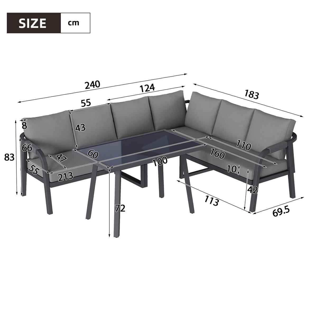 GARTEN-ESSGRUPPE 6 Personen Ecksofa Esstisch Stahl Grau - Grau, Textil - FLIEKS