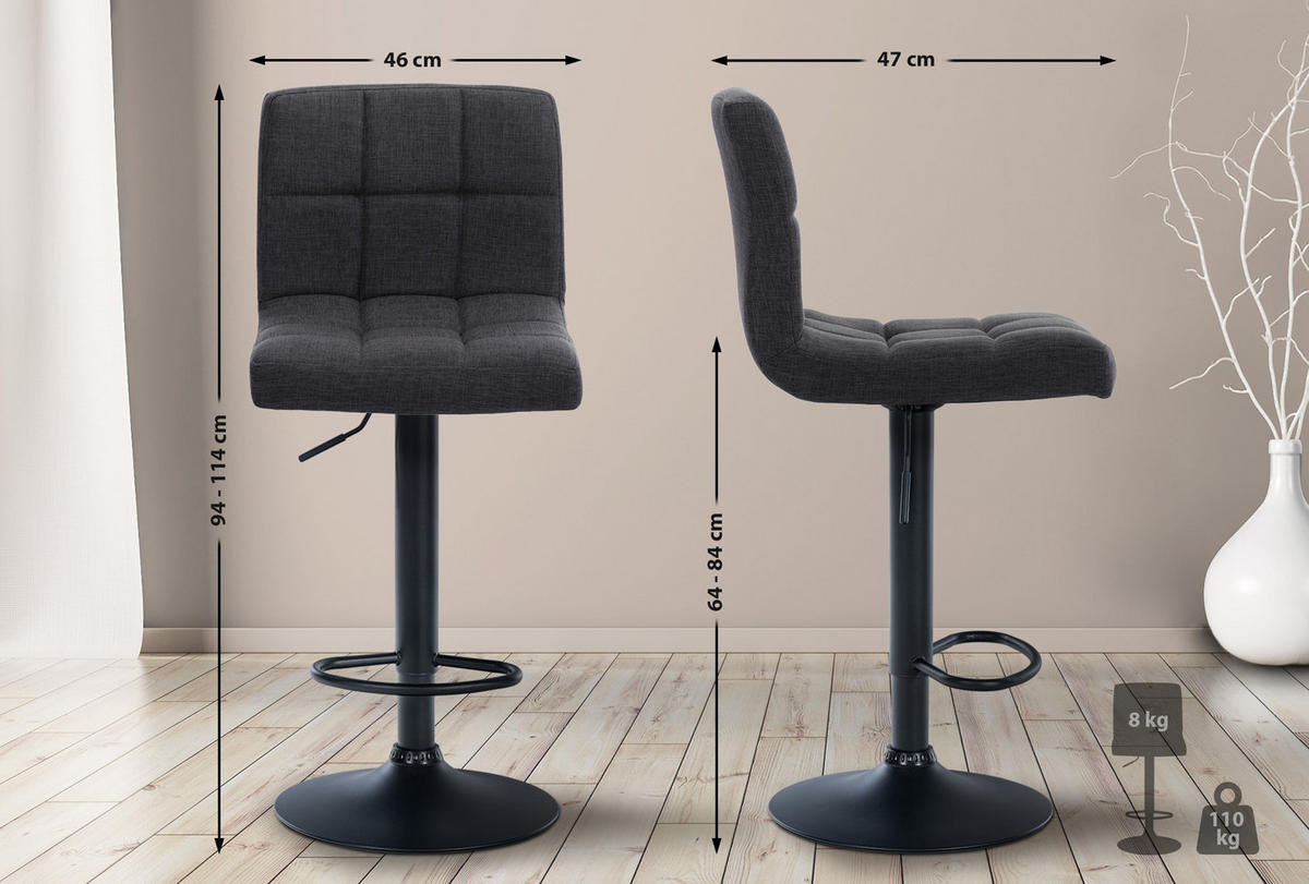 BARHOCKER 2er Set Cala Stoff schwarz dunkelgrau - Dunkelgrau/Schwarz, Textil/Metall (46/114/47cm) - TPFLiving