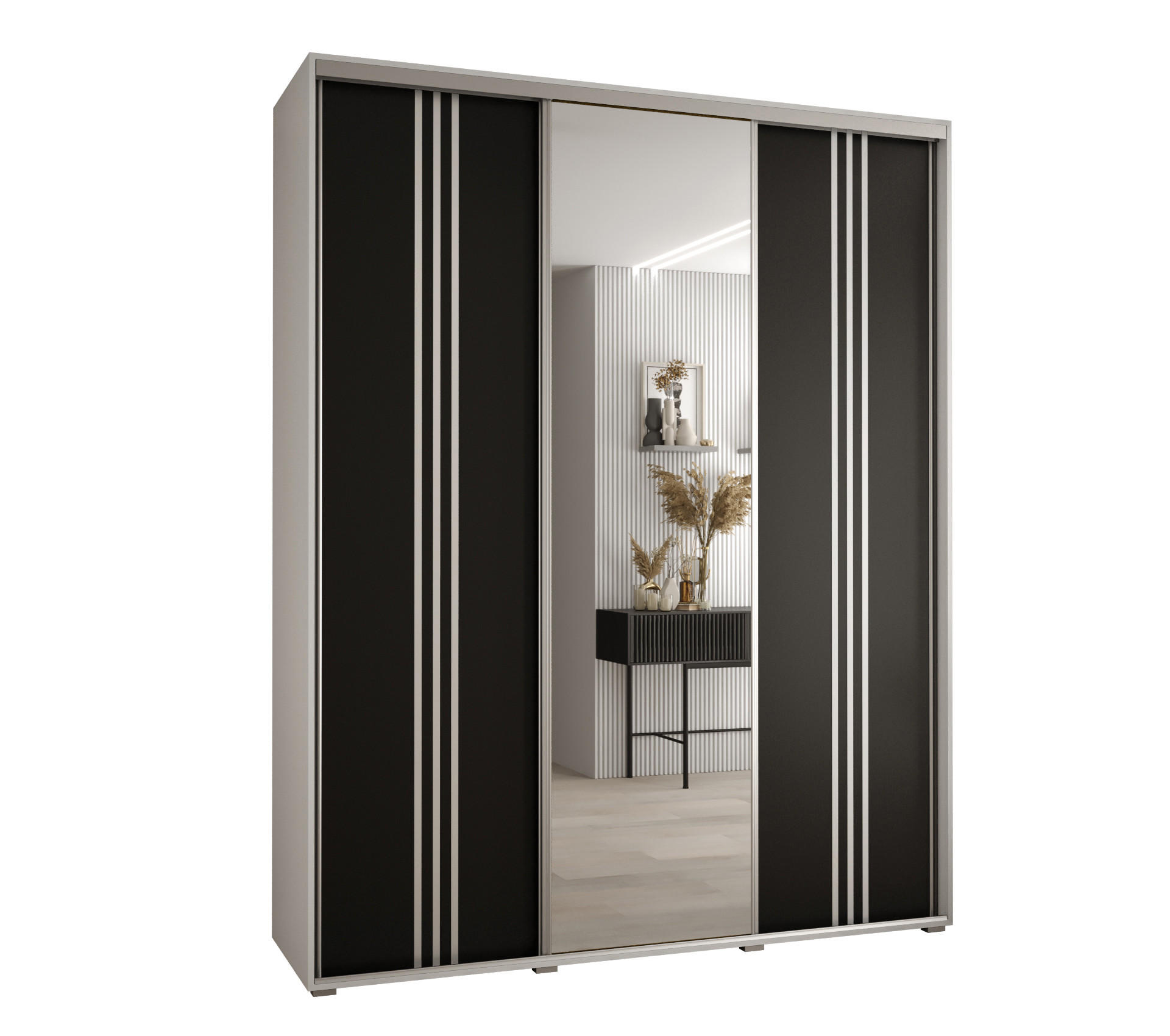 Abiks Möbel Schwebetürenschrank Weiß, Schwarz, Silber 190x235x45 cm