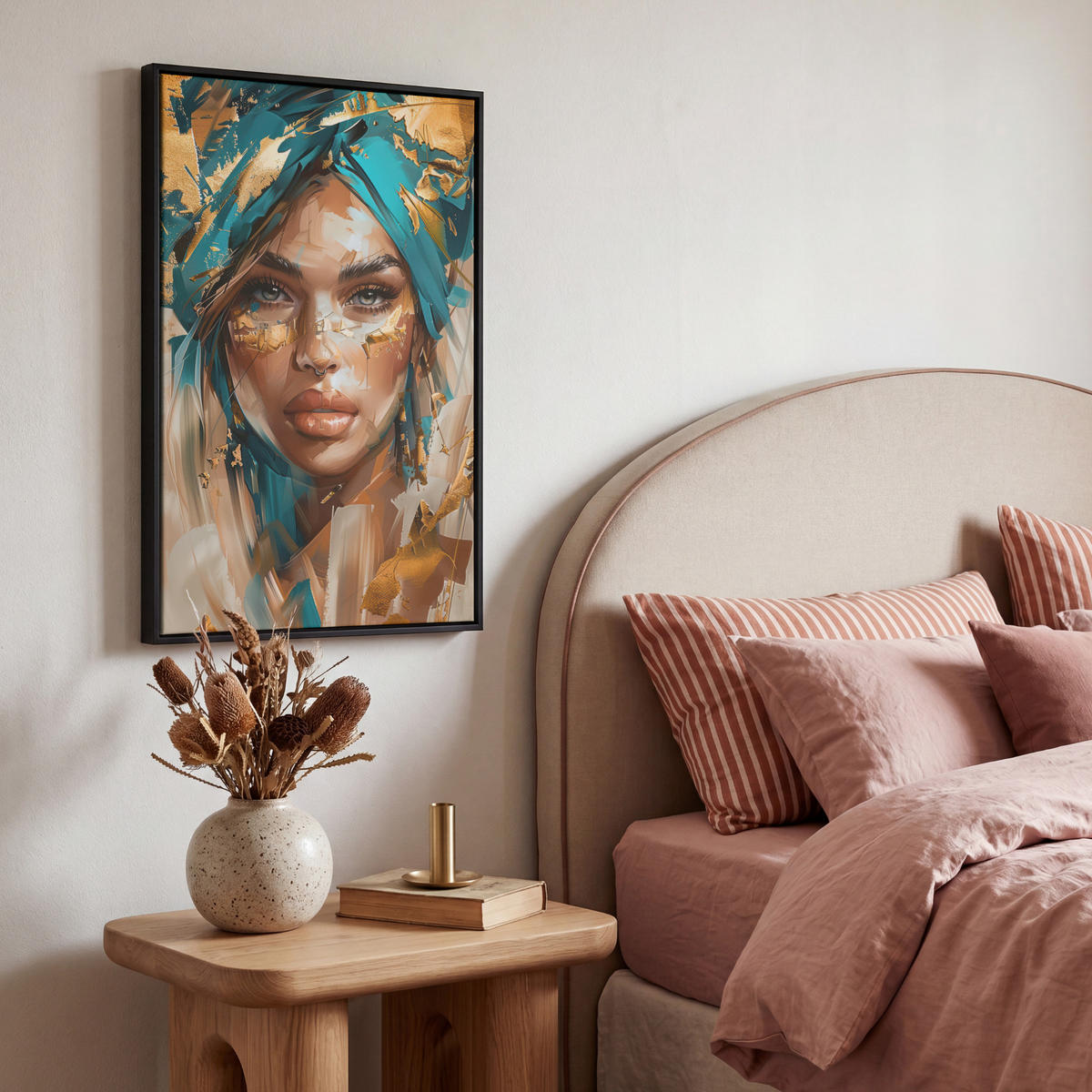 LEINWAND Bilder mit Rahmen - Frau - Porträt - Gold - Luxus - Blau - 40x60 - Türkis, Textil (40/60cm) - MuchoWow
