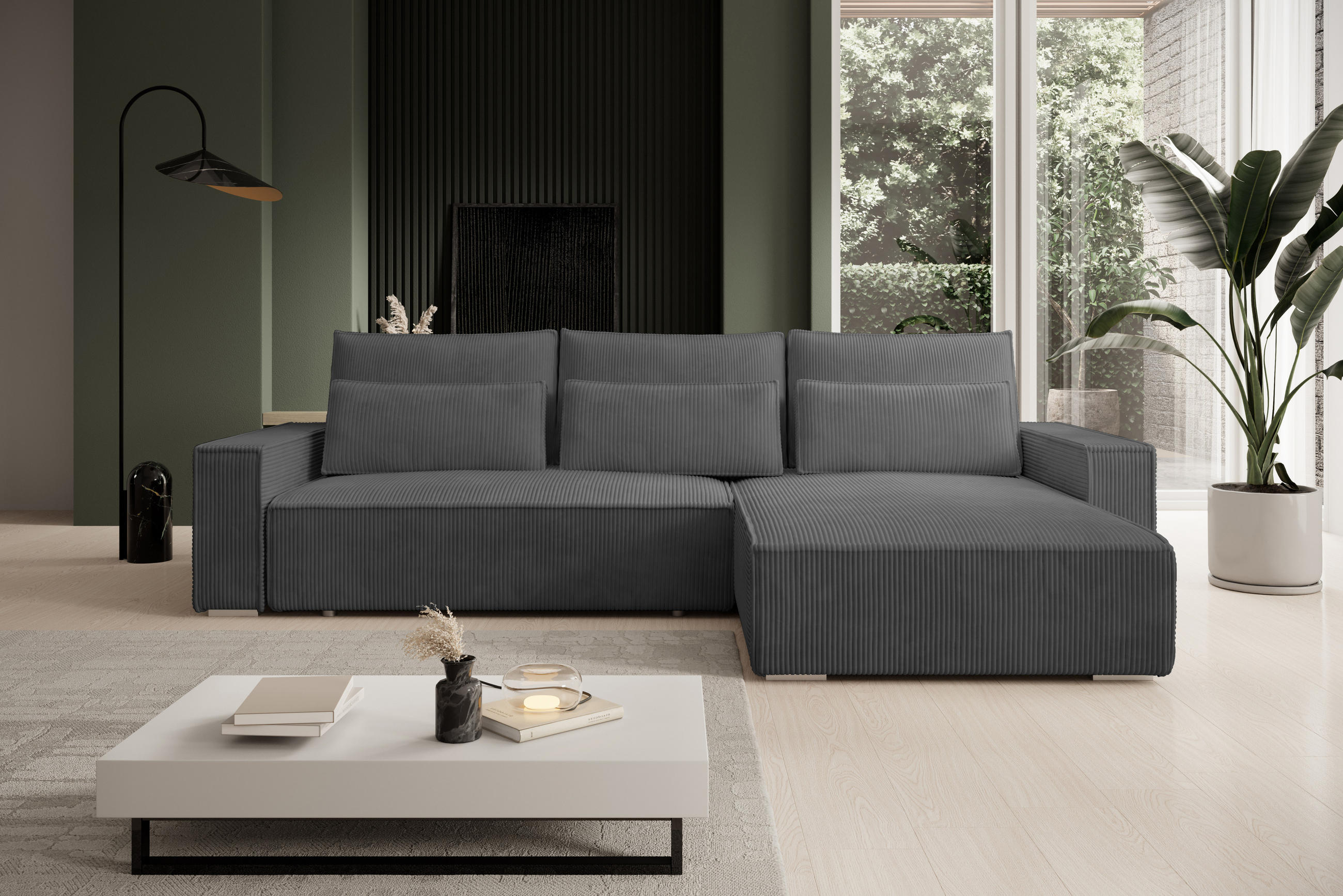 ECKSOFA Alice mit Bettkasten und Schlaffunktion, Cordstoff in L-Form - Dunkelgrau, Textil (289/184cm)