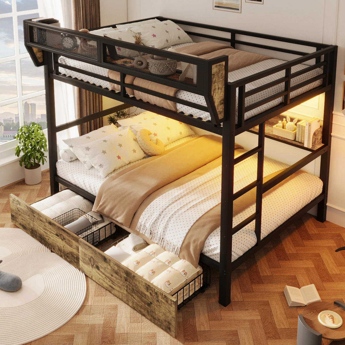 ETAGENBETT 140/200 cm Schwarz mit LED und Stauraum ohne Matratze - Schwarz, Metall (140/200cm) - MIVRAY
