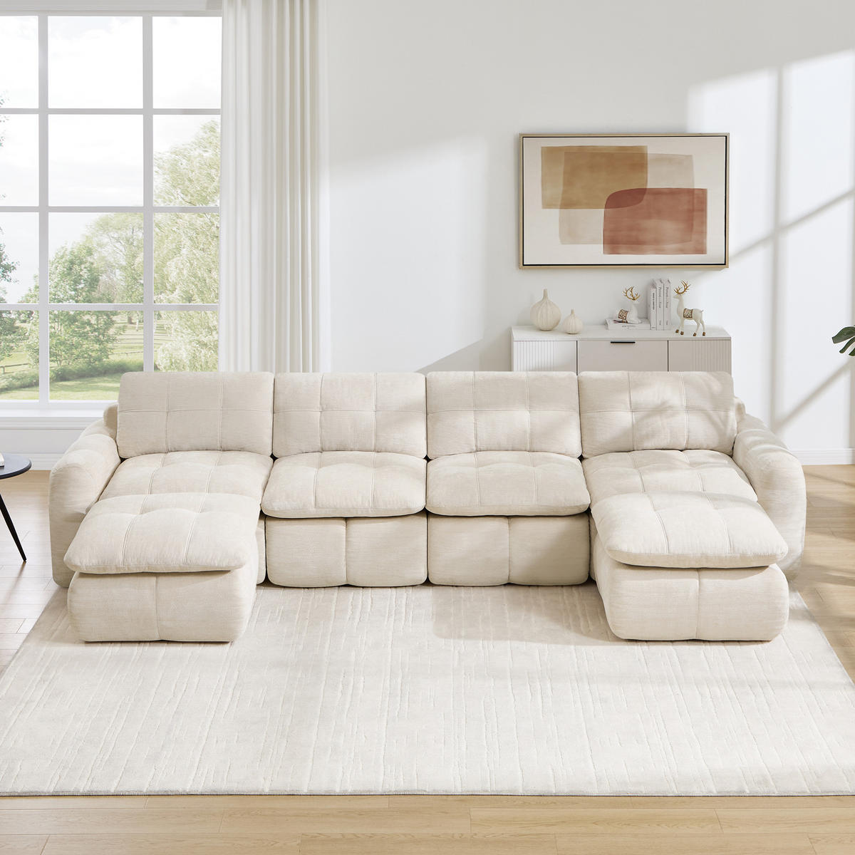 WOHNLANDSCHAFT DE-34464 U-Form mit 2 Ottomanen und Karostepp Beige - Beige, Textil (160/68.5/334cm) - ComfortXL