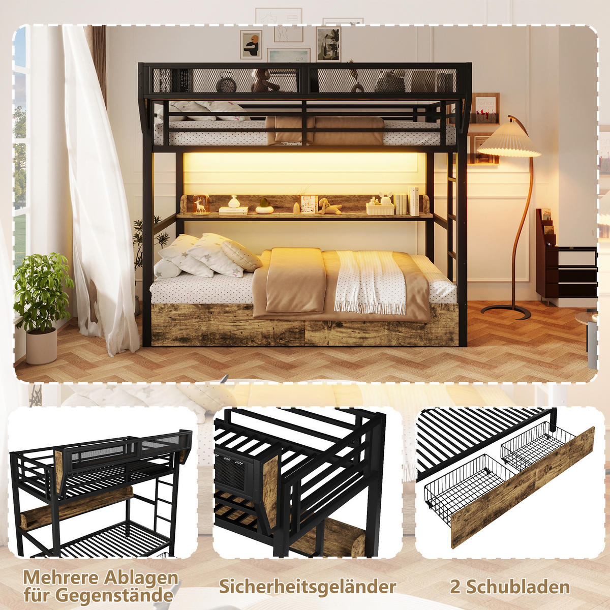 ETAGENBETT 90/200 cm in Schwarz mit LED, Ablagebord, Aufbewahrungskorb und 2 Schubladen - Schwarz, Holzwerkstoff/Metall (90/200cm) - WISHDOR
