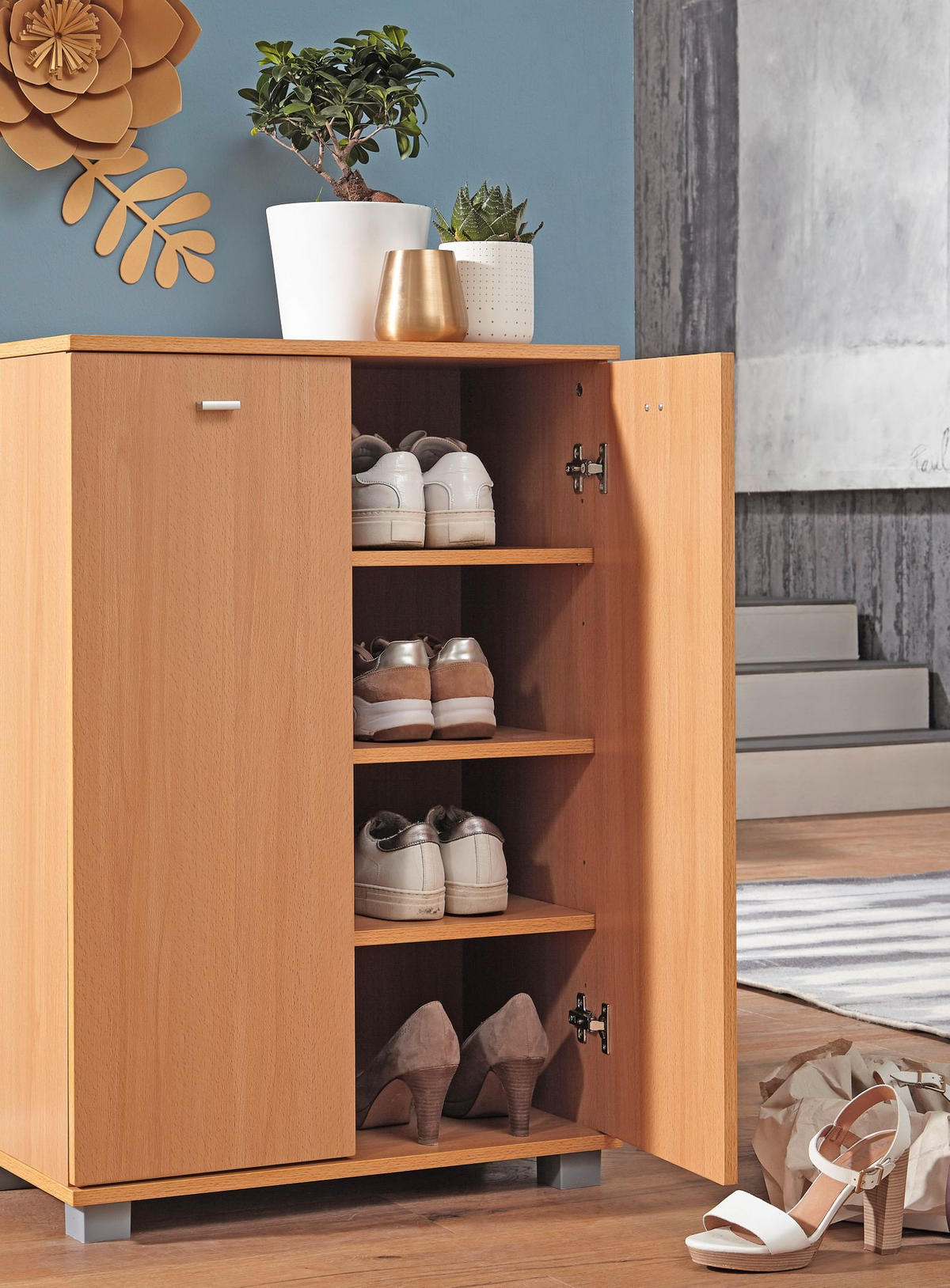 SCHUHSCHRANK Holz mit 2 Türen und 3 Einlegeböden, Braun 60x35x90 cm - Braun/Grau, Holz/Kunststoff (60/90/35cm) - KADIMA DESIGN
