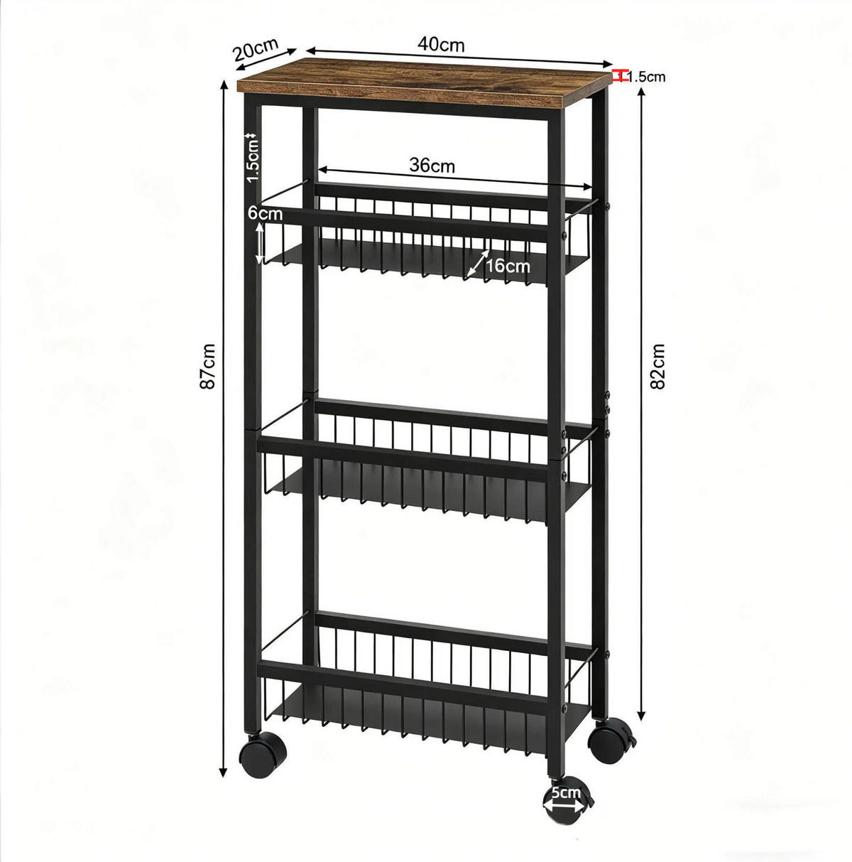 SERVIERWAGEN mit 4 Ebenen 40 x 87 x 20 cm Schwarz - Schwarz, Metall (20/87/40cm) - Beauniv
