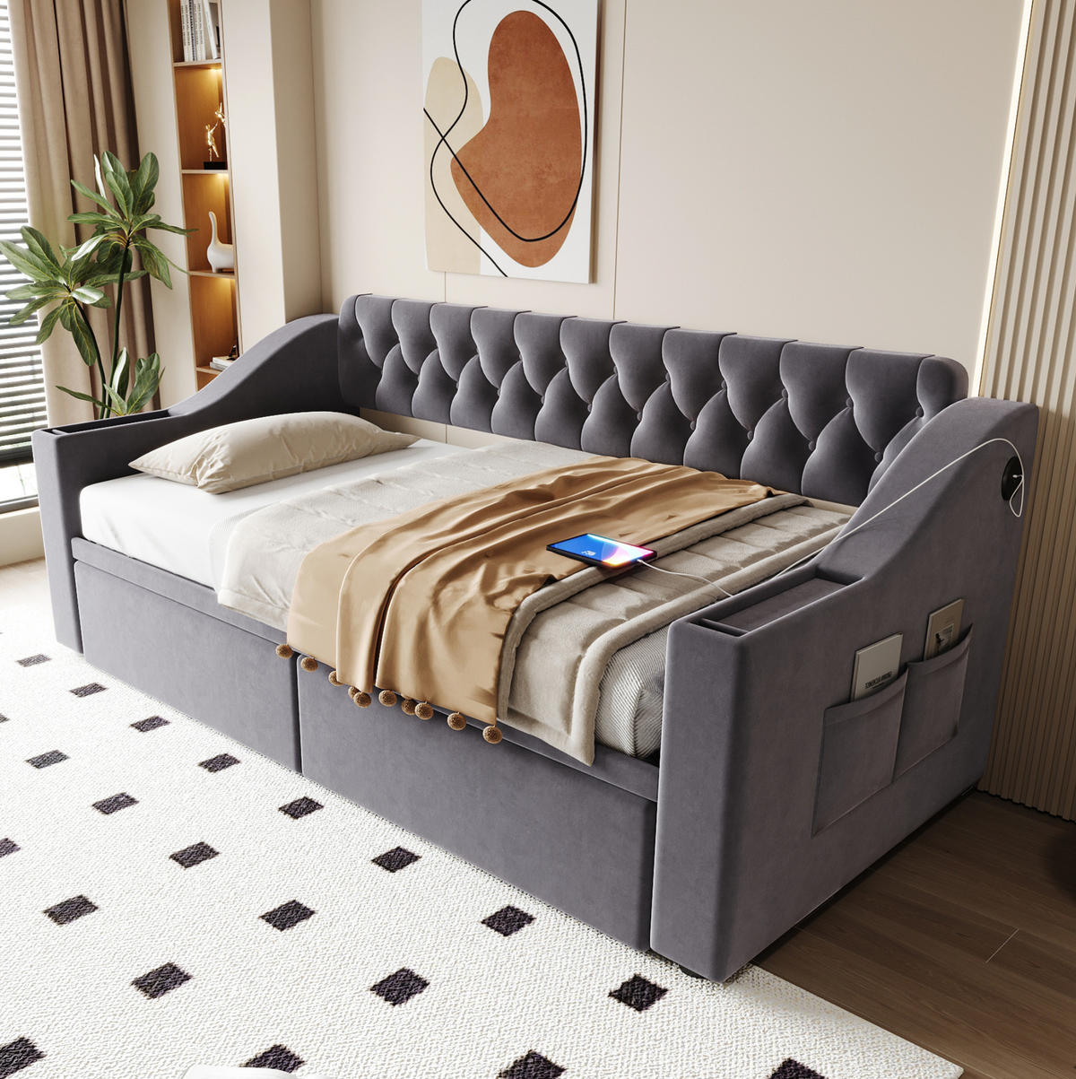 POLSTERBETT 90/190 cm Dunkelgrau mit USB- und Type-C-Anschlüssen und Stauraum - Grau, Textil (90/190cm) - Flora Grace