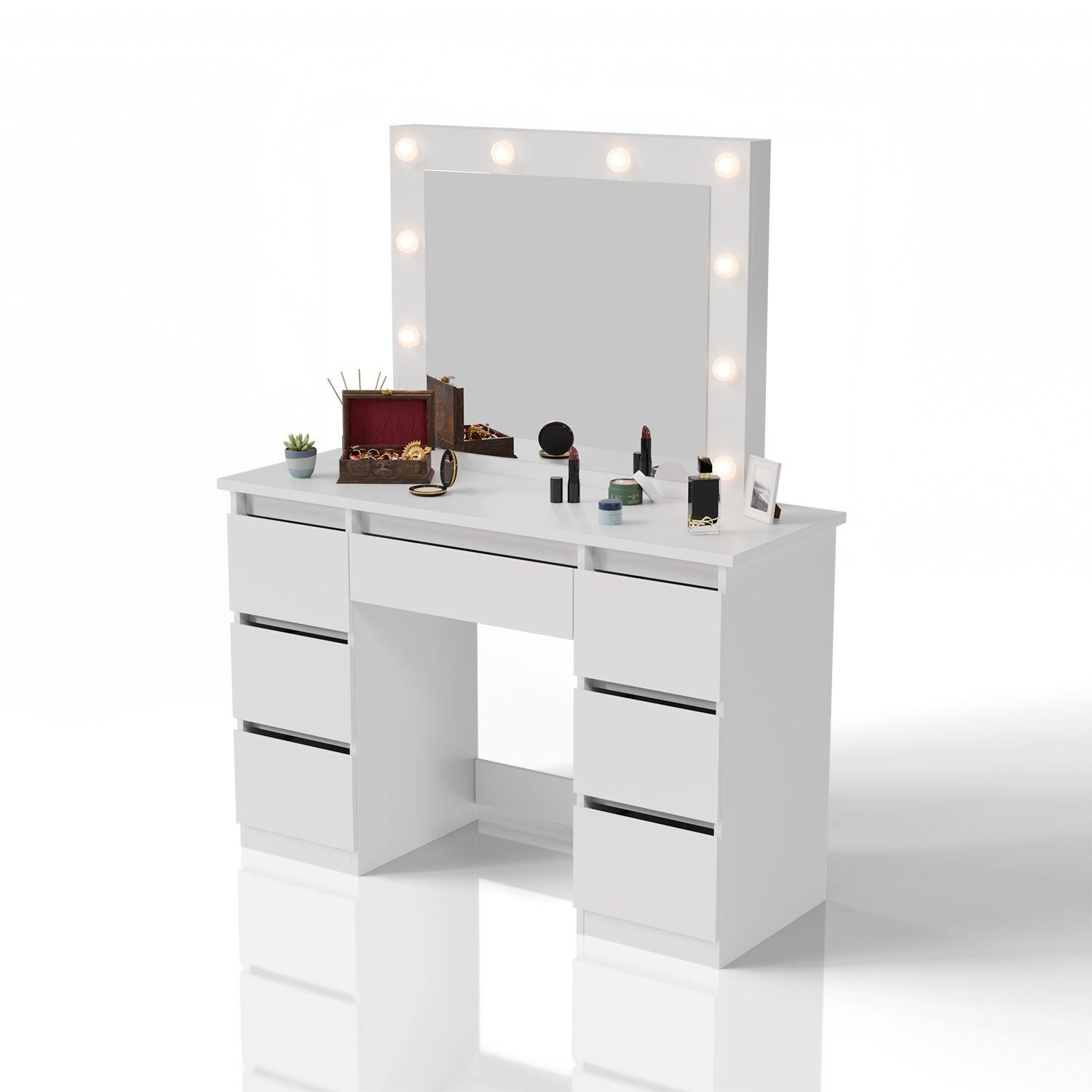 SCHMINKTISCH Talea mit LED (3 Lichtstufen) - Weiß, Holz (110/141/40cm) - Juskys
