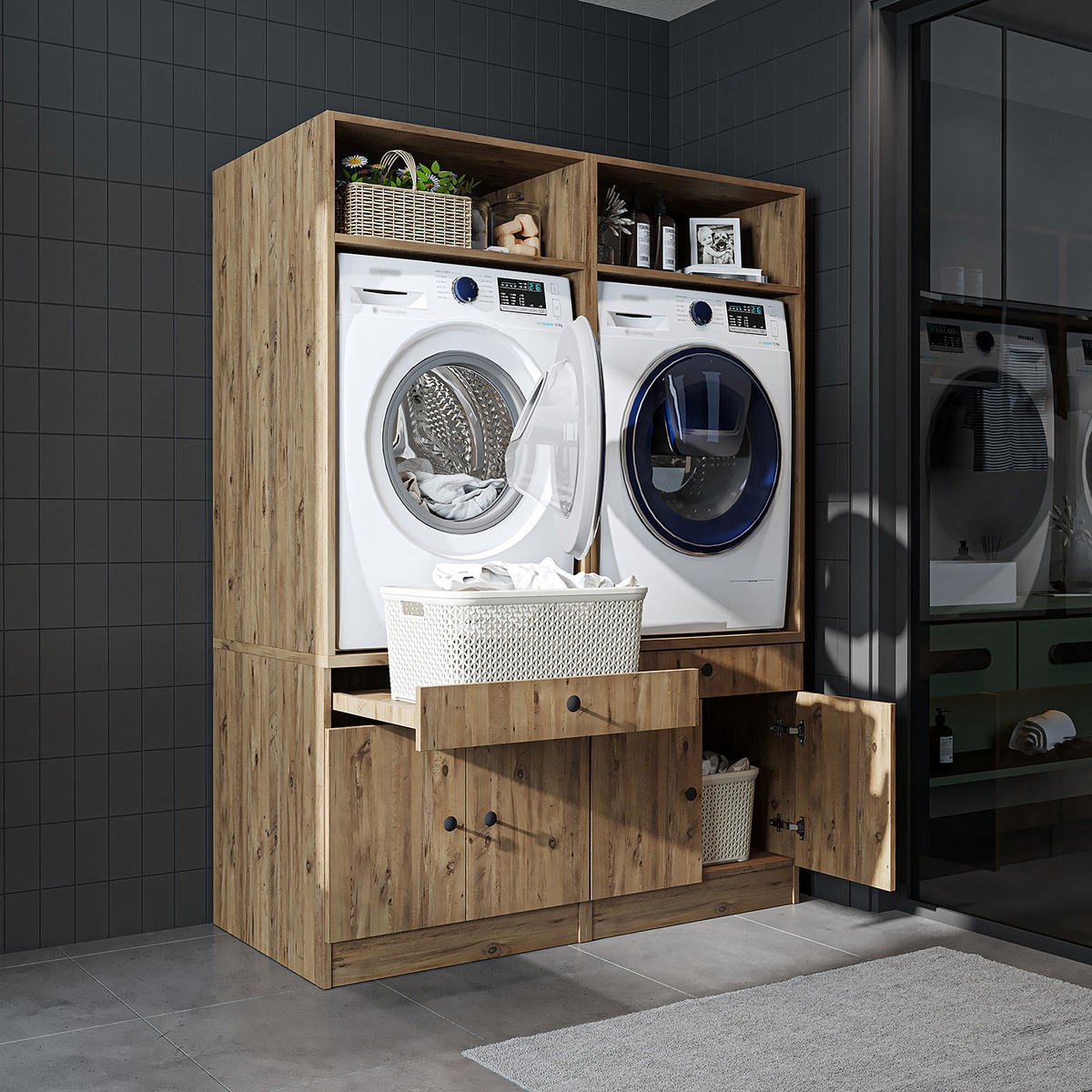 WASCHMASCHINENSCHRANK Serie 1 134cm Breit, 184cm Hoch - Schwarz, Holzwerkstoff (134/184/67cm)