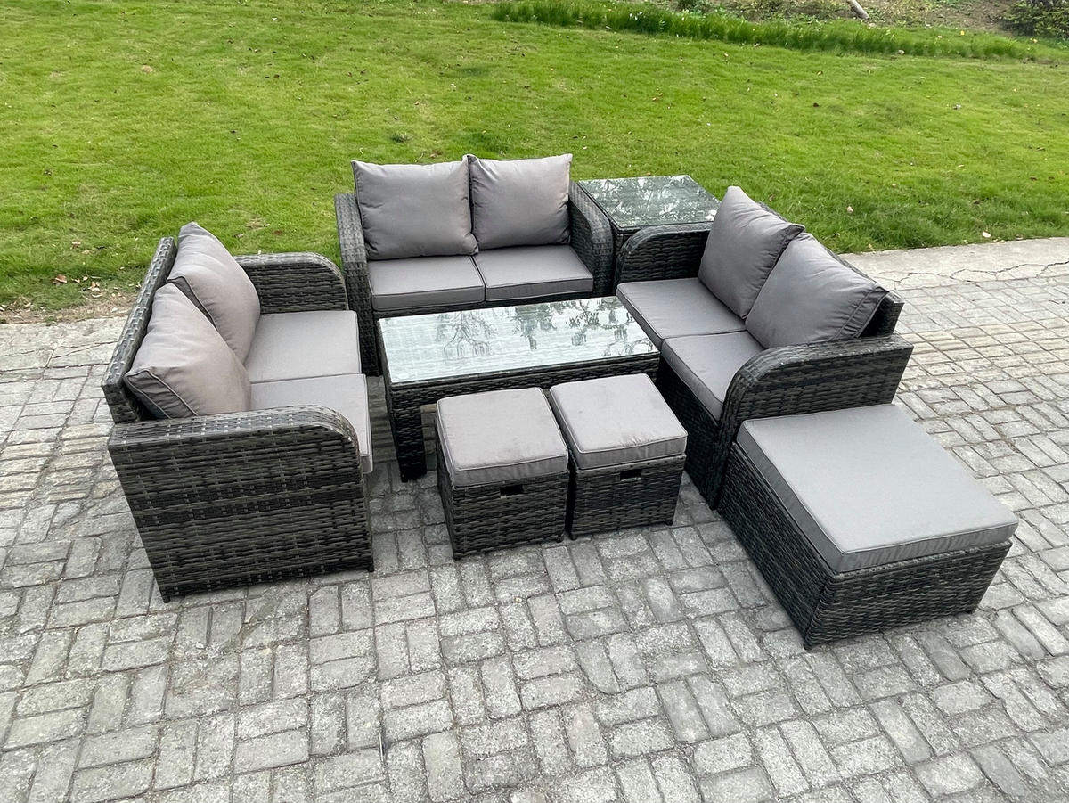 GARTENSOFA SET mit rechteckigem COUCHTISCH Polyrattan 9-Sitzer Dunkelgrau - Dunkelgrau/Grau, Glas/Kunststoff - Fimous