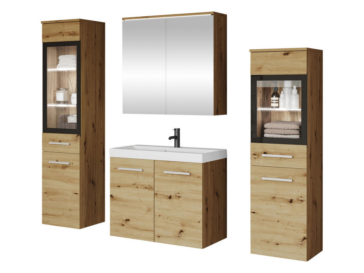 BADMÖBEL-SET Madrit II mit weißer LED Beleuchtung - Silberfarben/Eiche Artisan, Holzwerkstoff/Kunststoff (132/132/30cm) - MIRJAN24