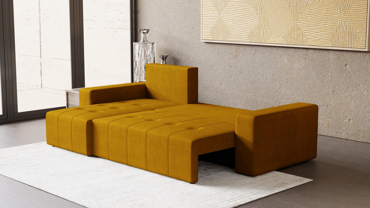 ECKSOFA Tico mit Bettkasten und Schlaffunktion, L-Form/XL-Form, Velourstoff, Universal - Currygelb, Holzwerkstoff (246/145cm) - 4ALL HOME