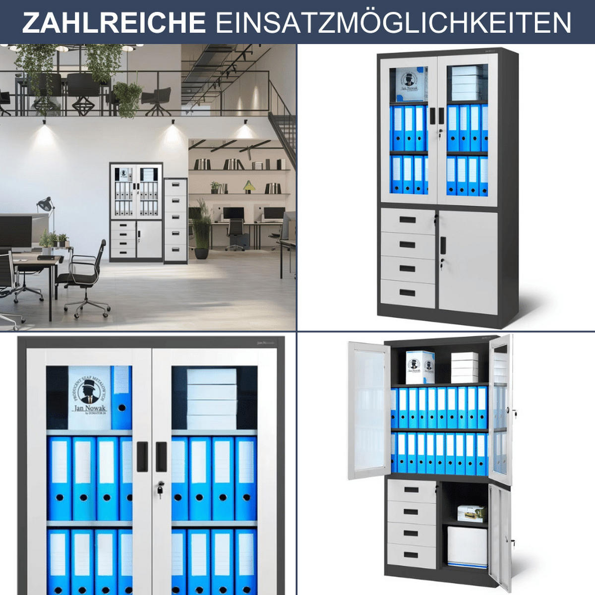 VITRINENSCHRANK abschließbar WIOLA mit Schubladen 185x90x40cm Anthrazit-Weiß - Anthrazit, Metall (90/185/40cm) - Jan Nowak