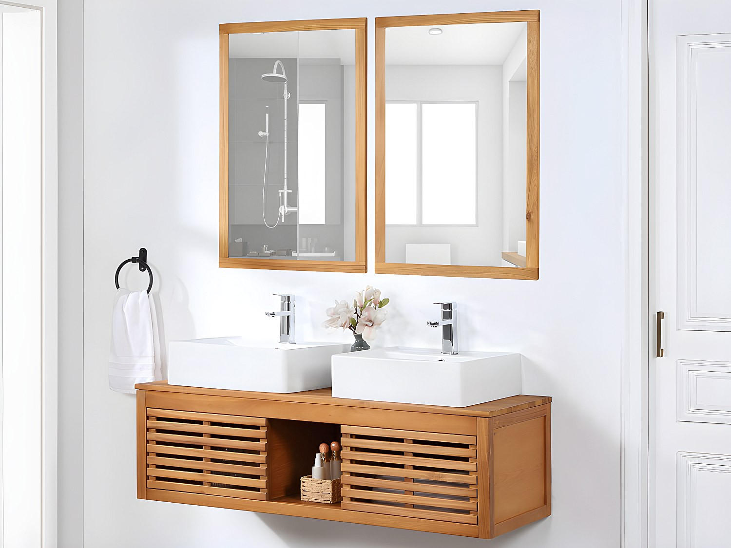 DOPPELWASCHTISCH - 130 cm x 50 cm - Keramik, Holz, Platte - Naturfarben Dunkel - PENEBEL - Naturfarben, Keramik/Holz (130/40/50cm) - Vente-Unique