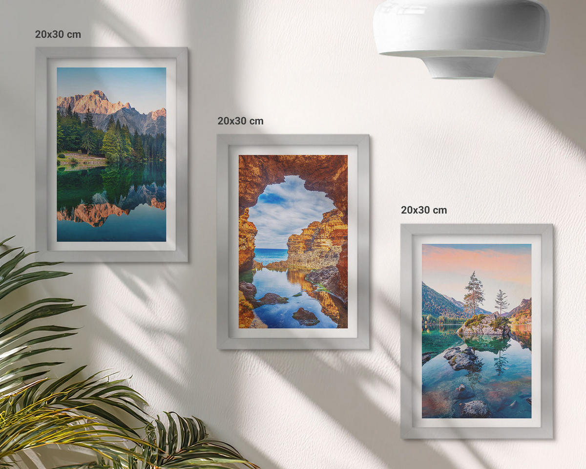 BILDER SET 3er Set - 20x30 cm Silberner Rahmen - Spiegelungen der Felsen in Bergseen - Silberfarben, Kunststoff (20/30cm) - TULUP