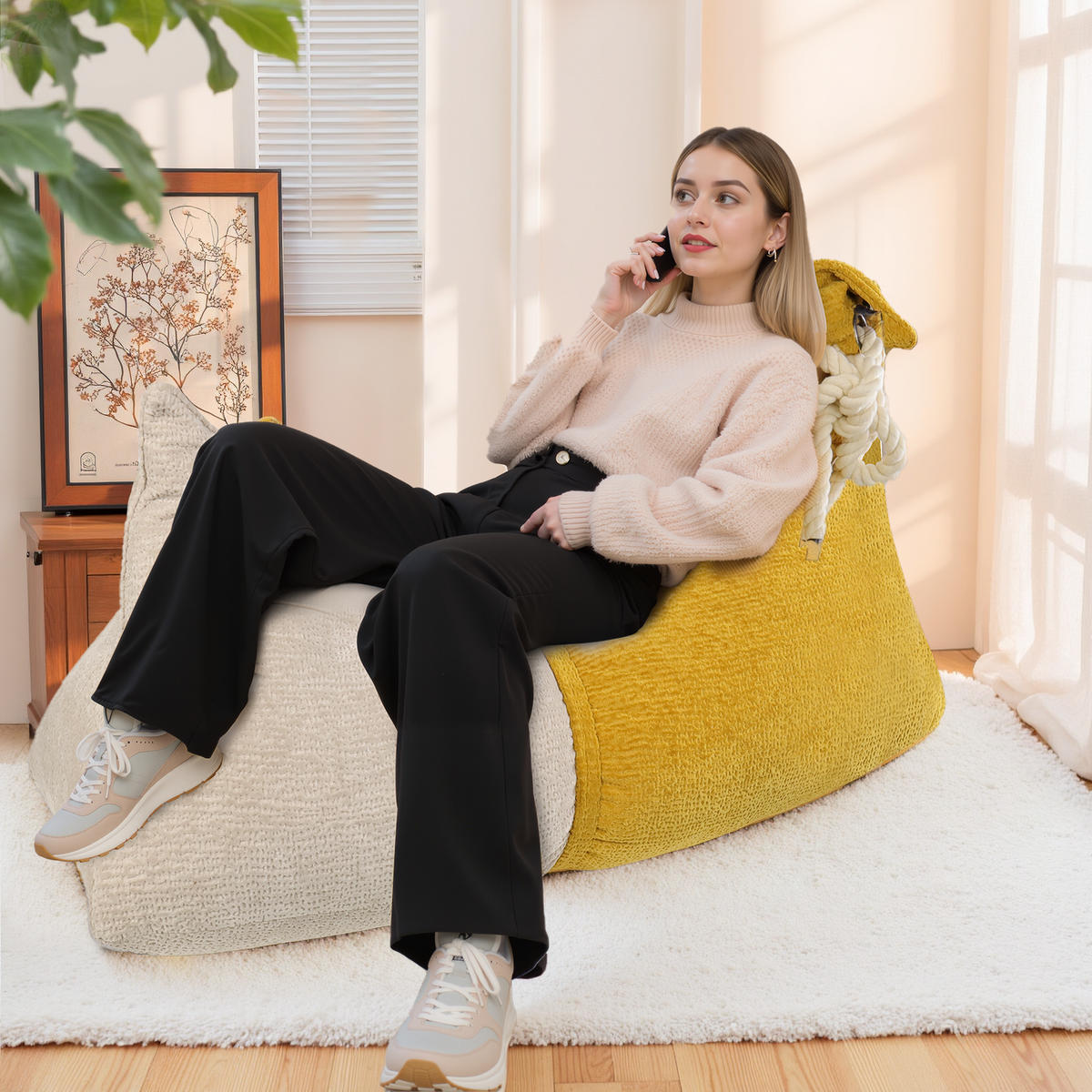 SITZSACK in Bananenbootform grobkörniges Vlies - Gelb/Grau, Textil (60/80/130cm) - Vercart