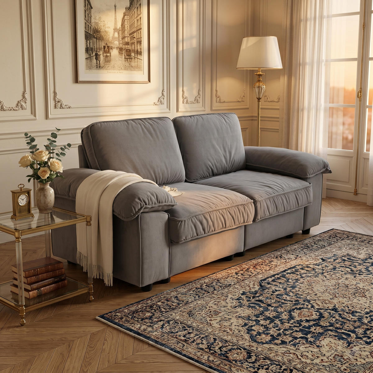 2-SITZER SOFA Samt Grau mit Stauraum - Grau, Holzwerkstoff/Kunststoff (201/89/91cm) - WISHDOR