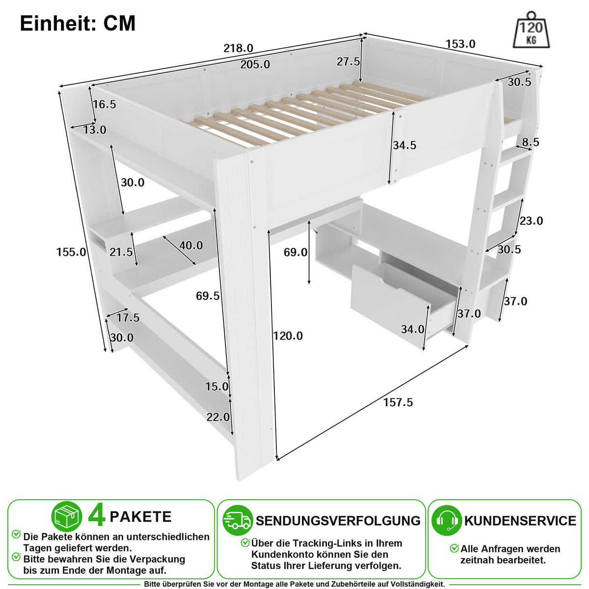 VYSOKÁ POSTEL 140/200 cm v bílé barvě s psacím stolem, zásuvkou, policí a LED - bílá, dřevo/kompozitní dřevo (140/200cm) - CHICFURN