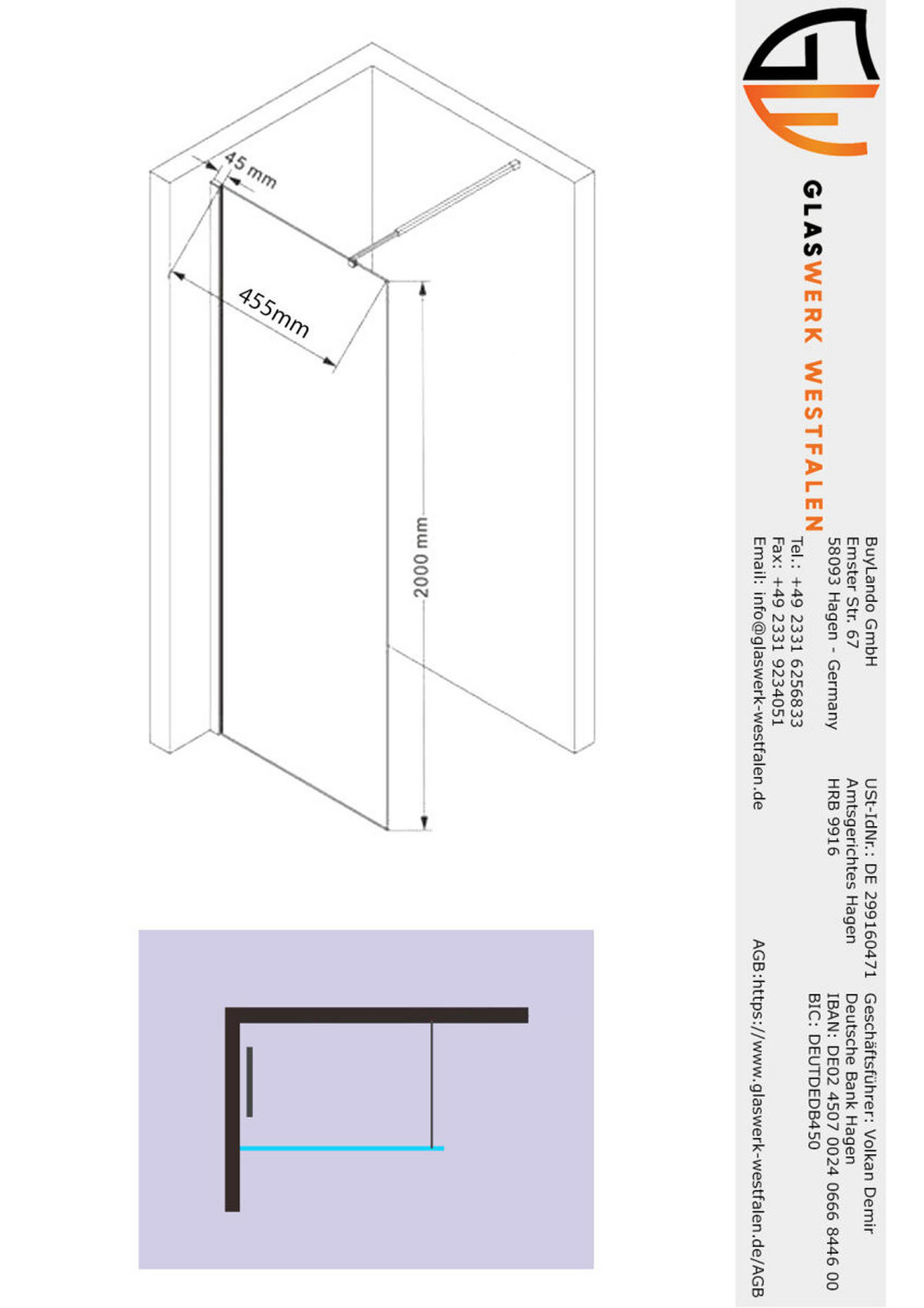 WALK-IN-DUSCHWAND 50 × 200 cm – ESG-Sicherheitsglas – Gold - Goldfarben, Glas (10/50/200cm) -  Glaswerk Westfalen