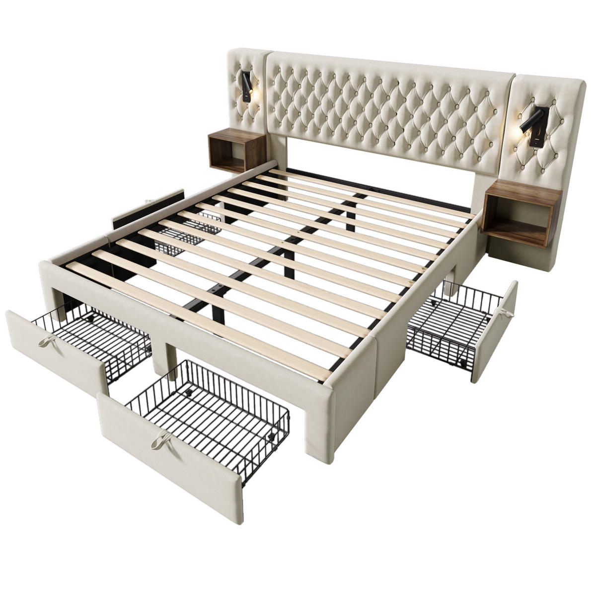 POLSTERBETT 160/200 cm in Beige mit Matratze, 4 Schubladen und USB- und Type-C-Anschlüssen - Beige, Textil (160/200cm) - Flora Grace
